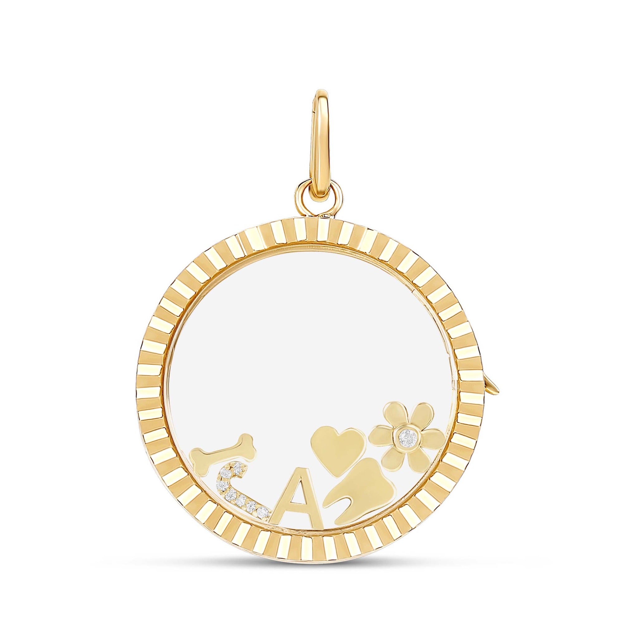 14k Gold Fluted Round Glass Charm Locket
