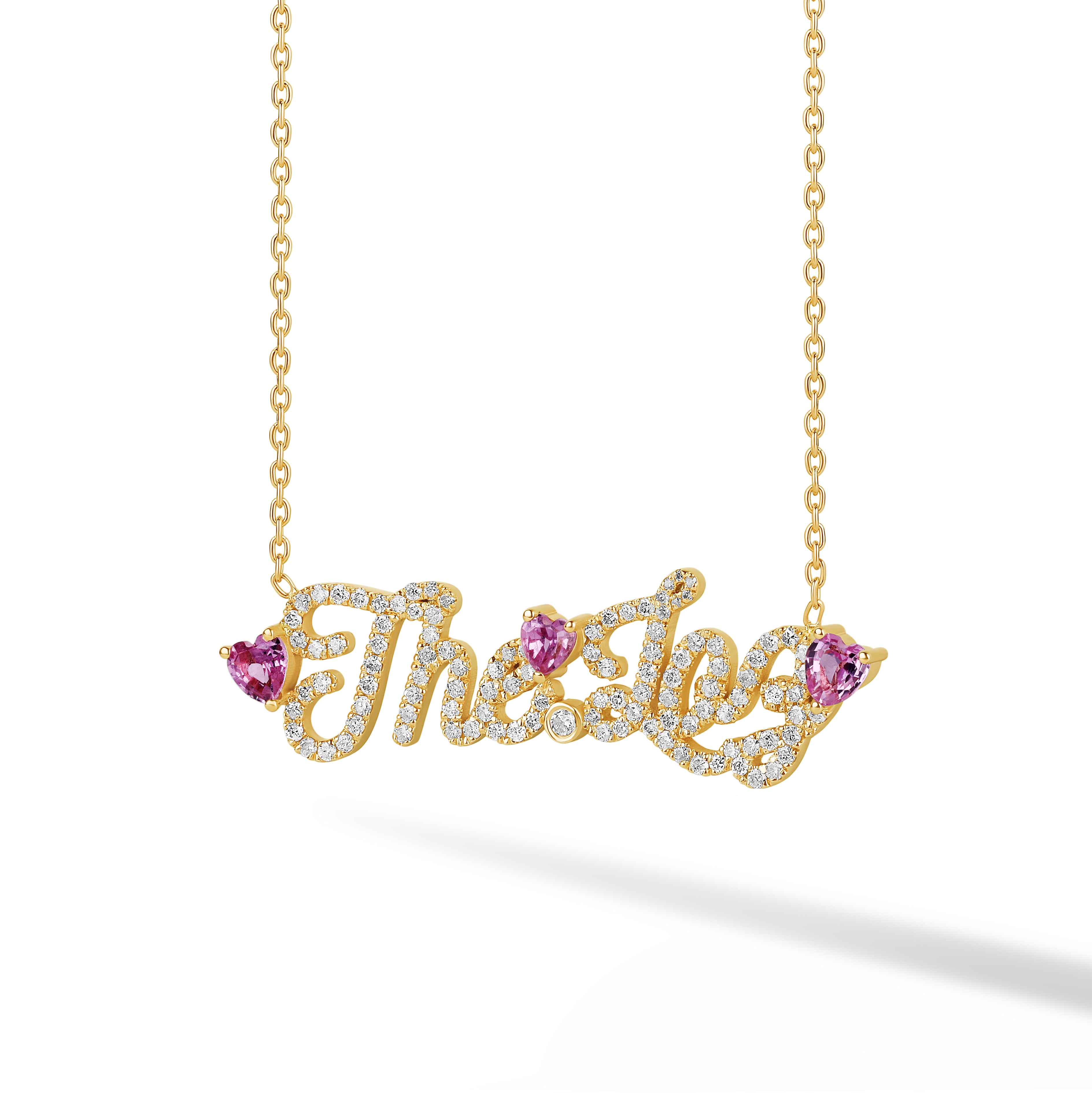Diamond Pave Custom Name Necklace with Floating Heart Birthstone