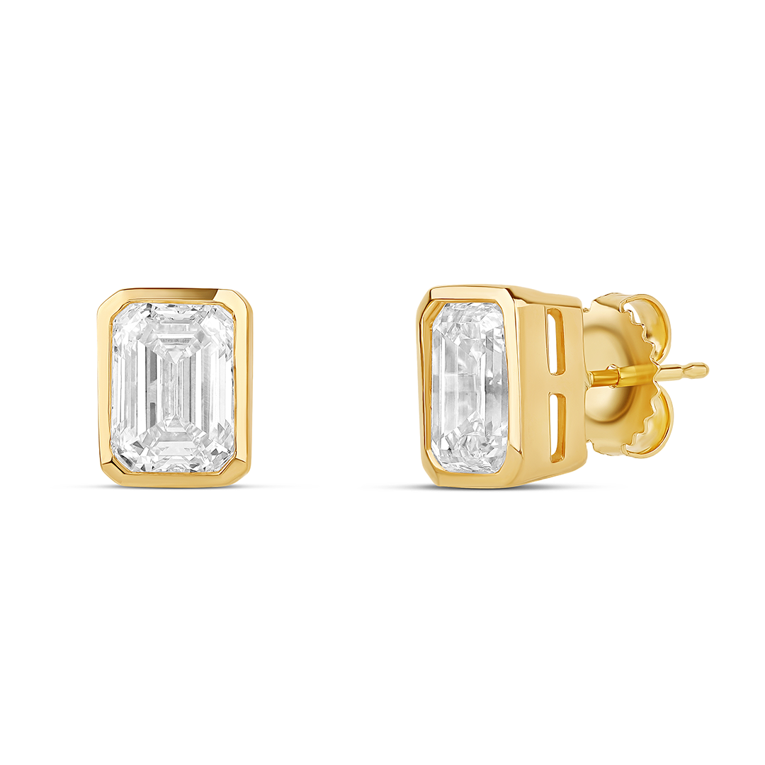 Bezel Set 3ctw Emerald Cut Lab Diamond Studs (PAIR) - IGI Certified