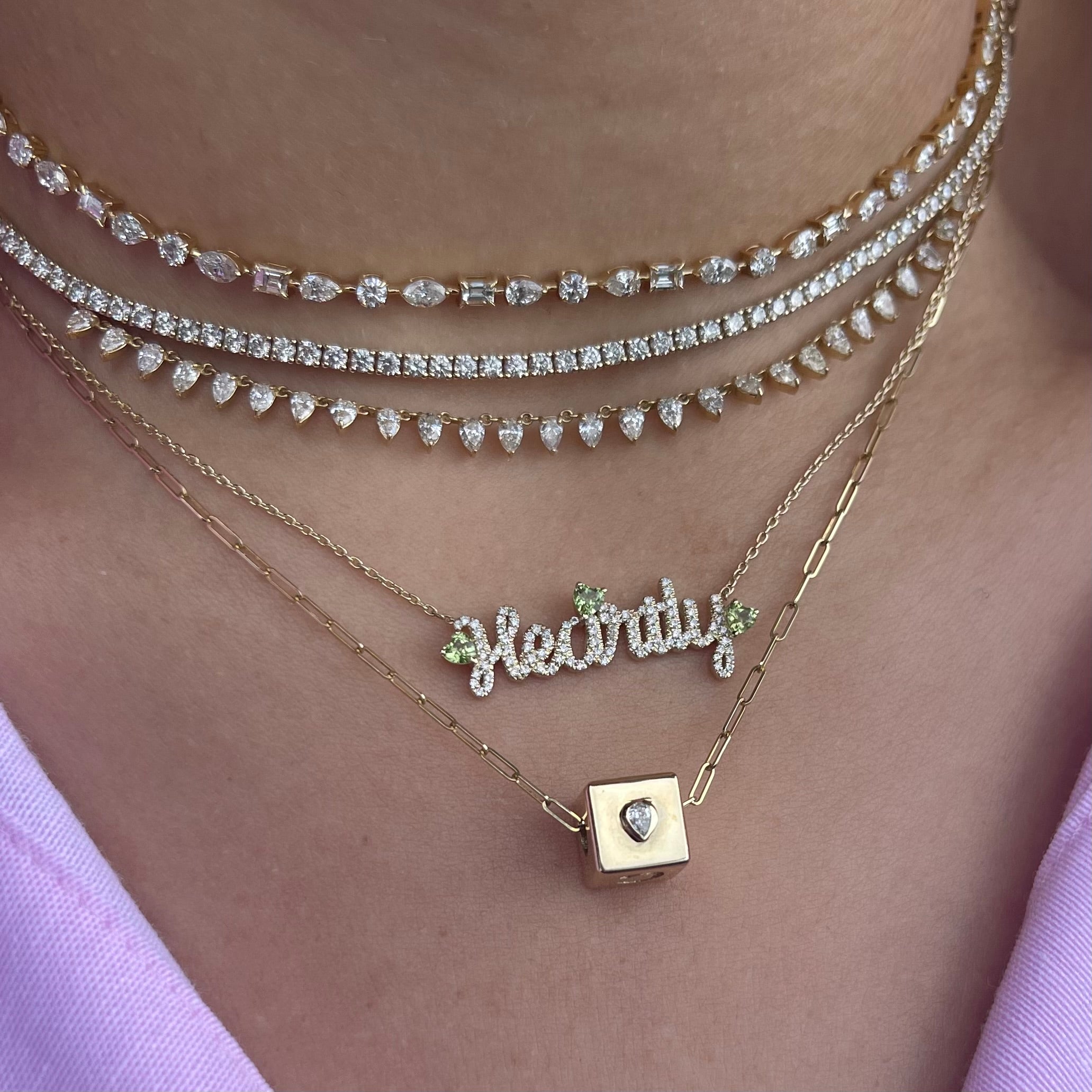 Diamond Pave Custom Name Necklace with Floating Heart Birthstone