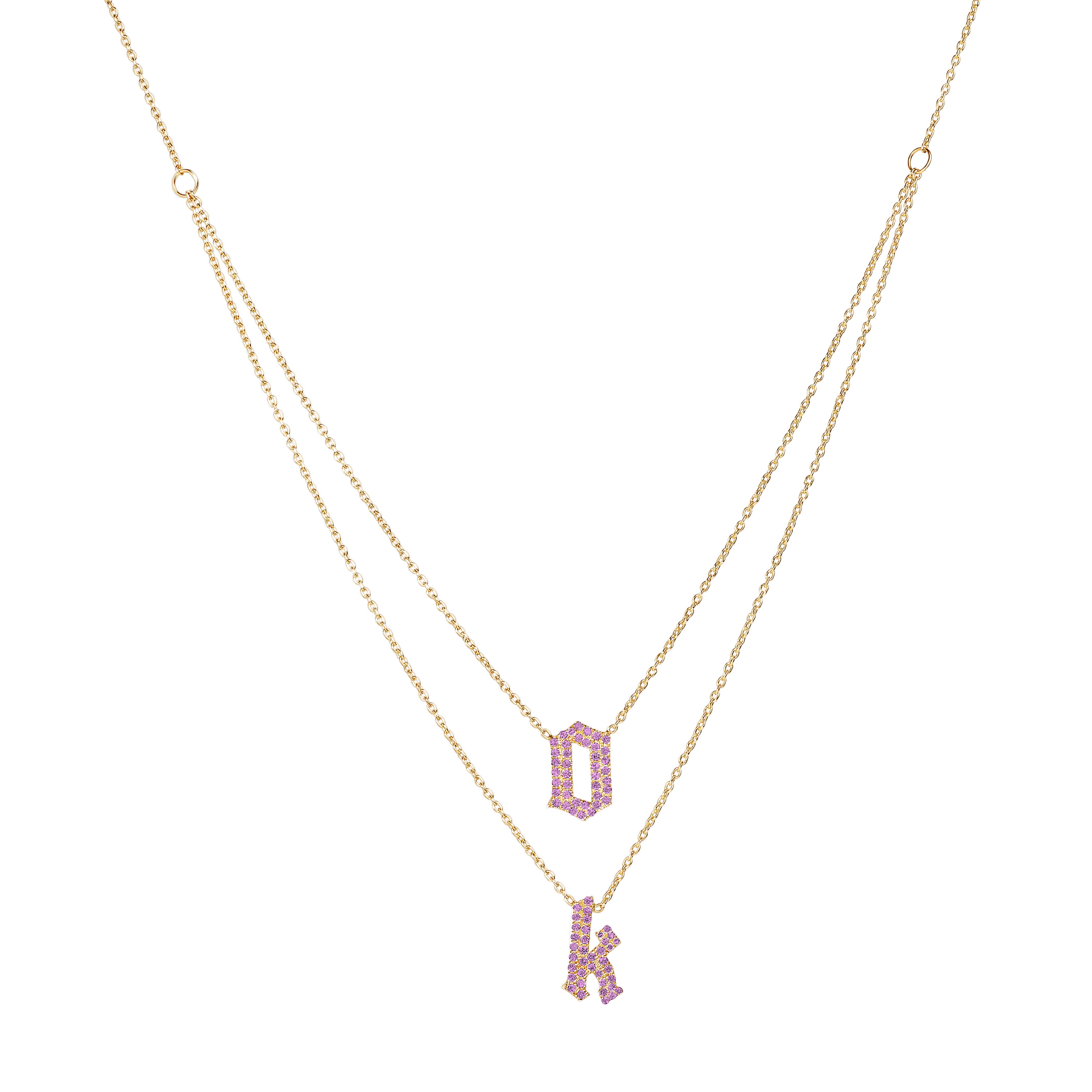 Layered Birthstone Pave Gothic Initials Necklace