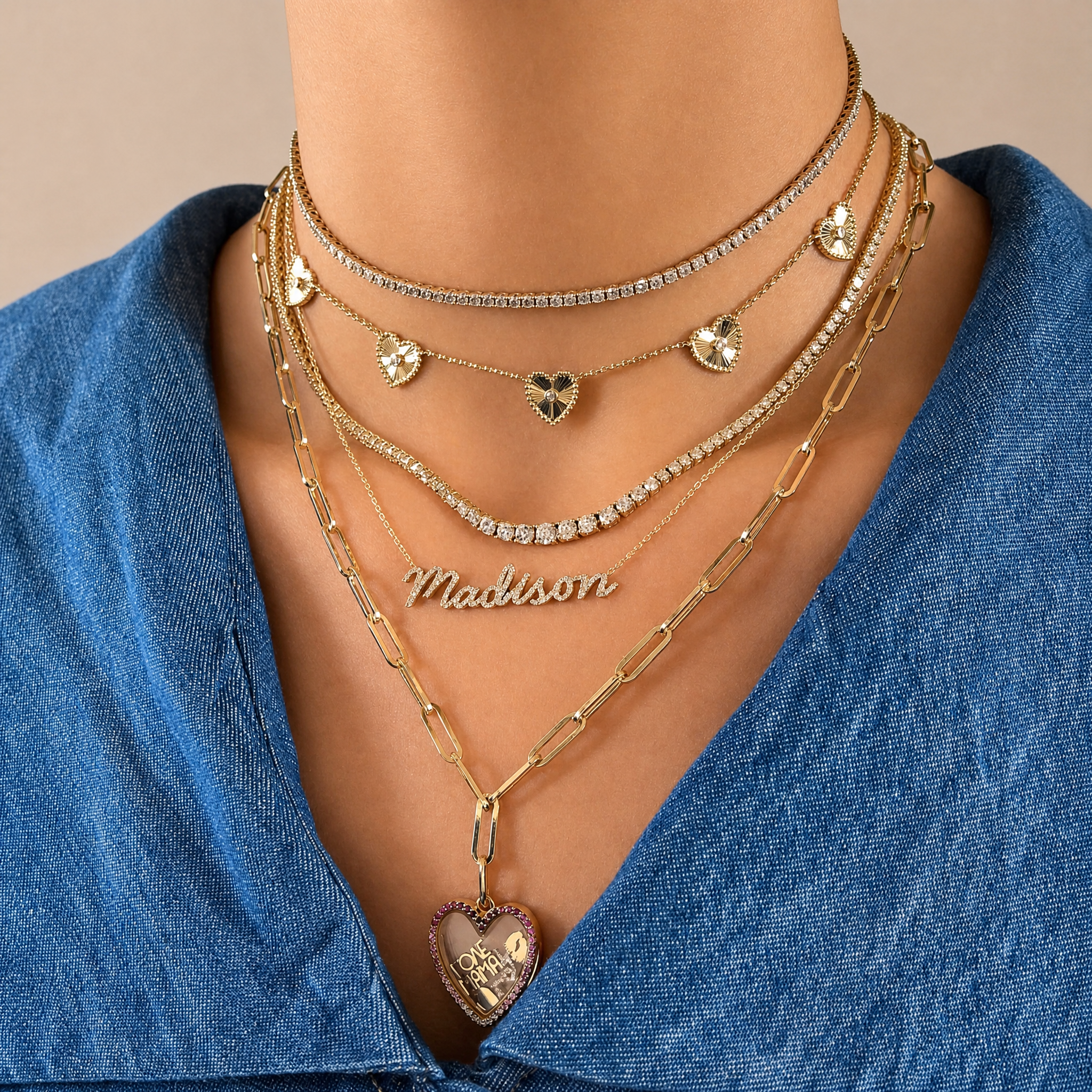 Fluted Hearts Station Necklace