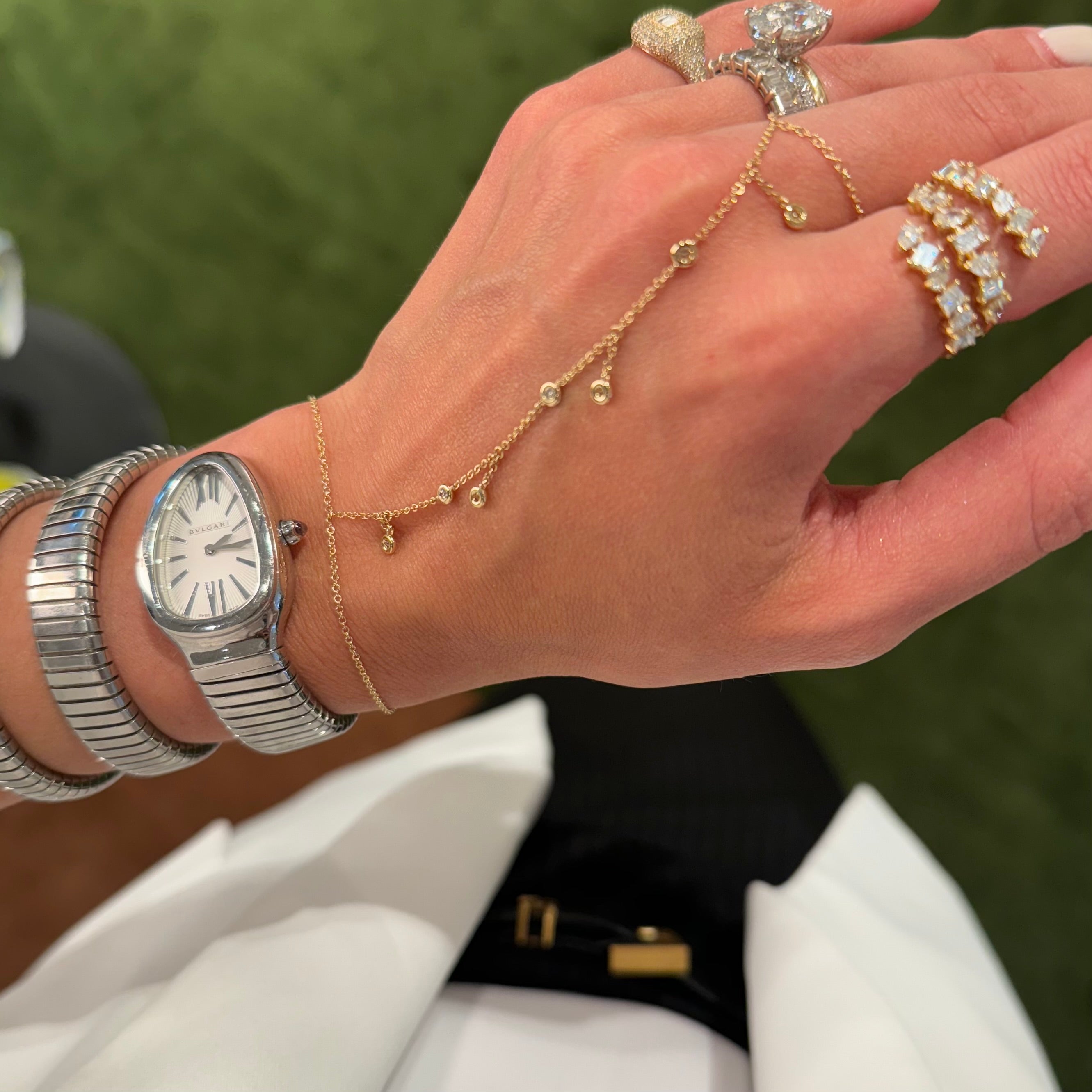 Seven-Bezel Dangling Diamond Hand Chain Bracelet