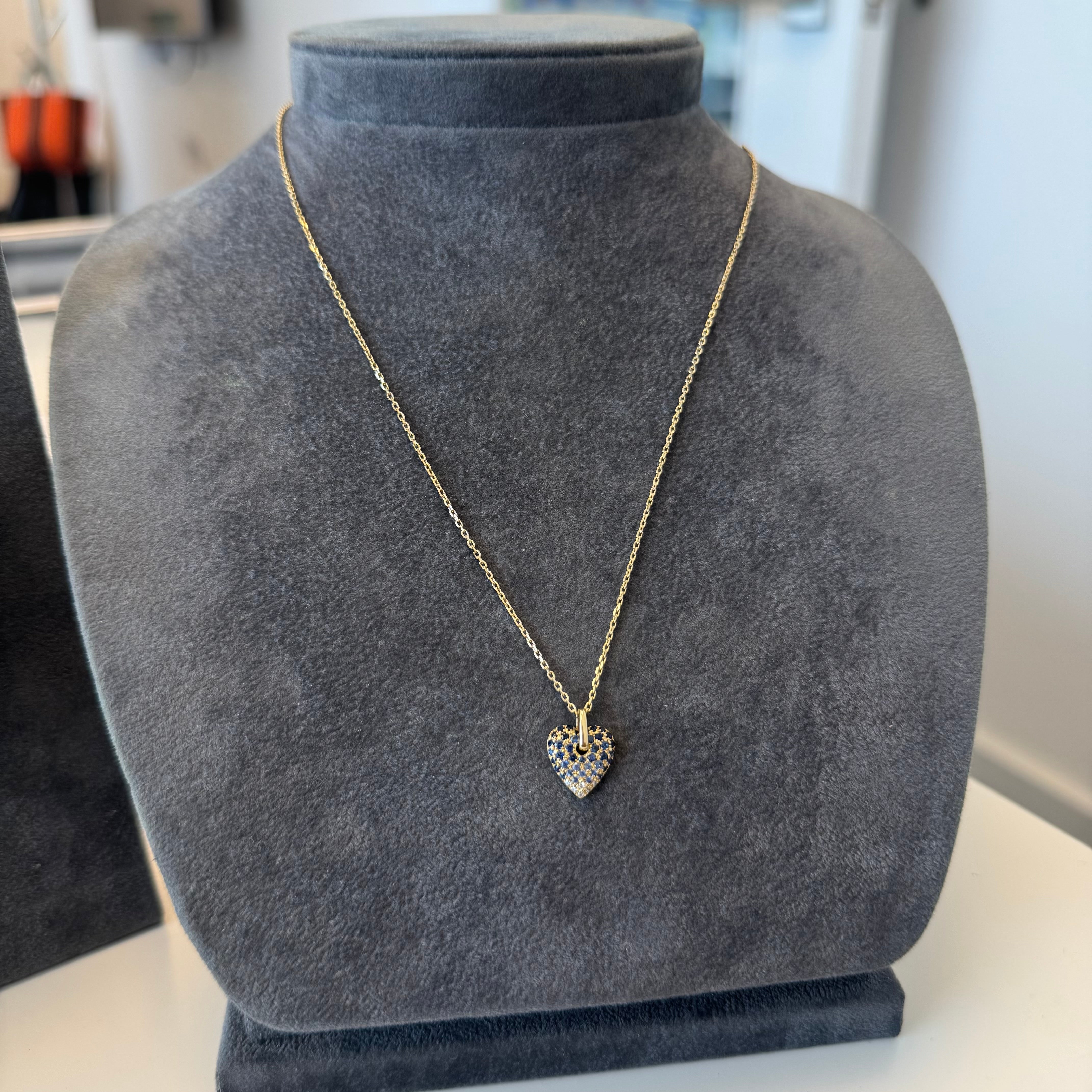 Blue Sapphire Ombre and Diamond Heart Necklace