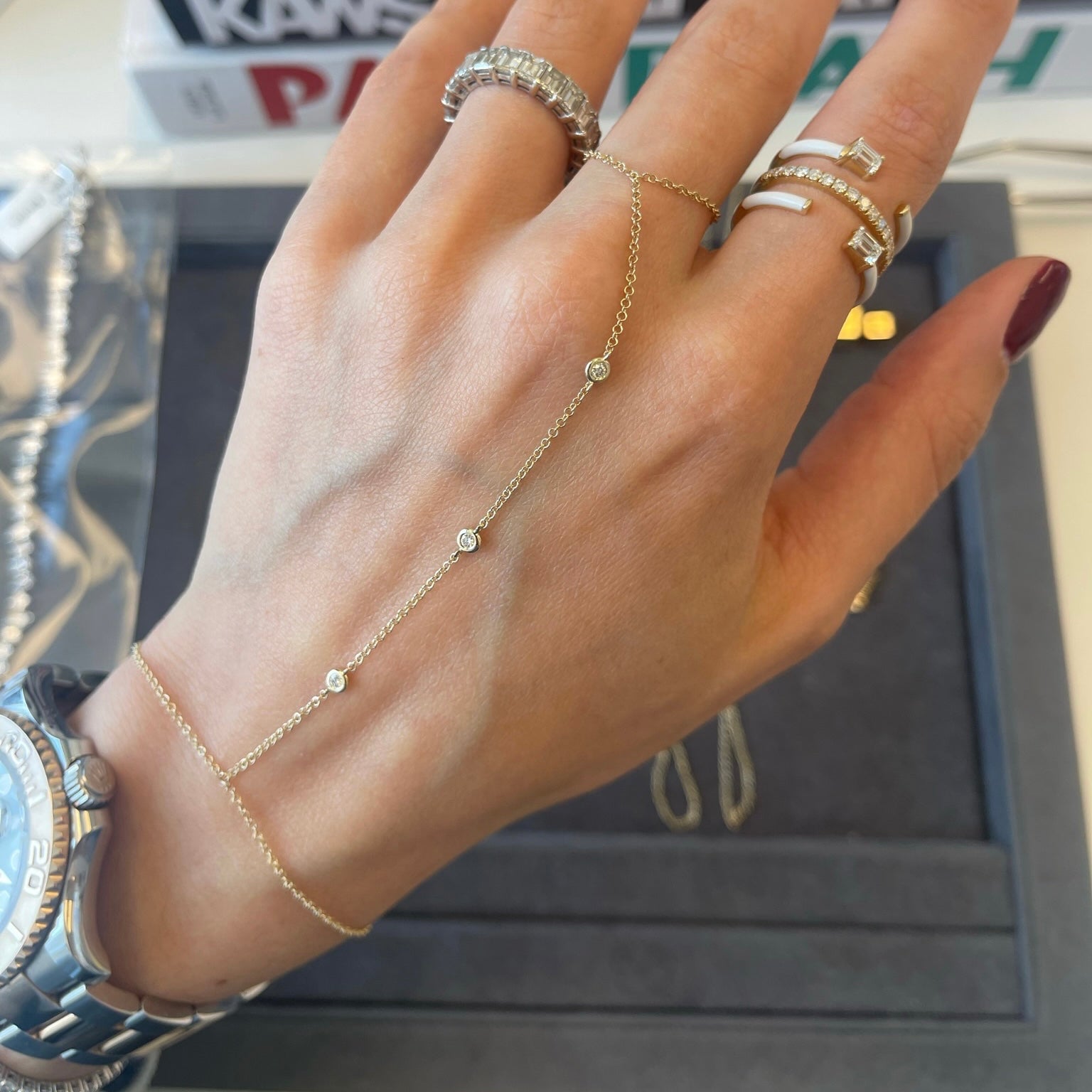 Three-Bezel Diamond Hand Chain Bracelet