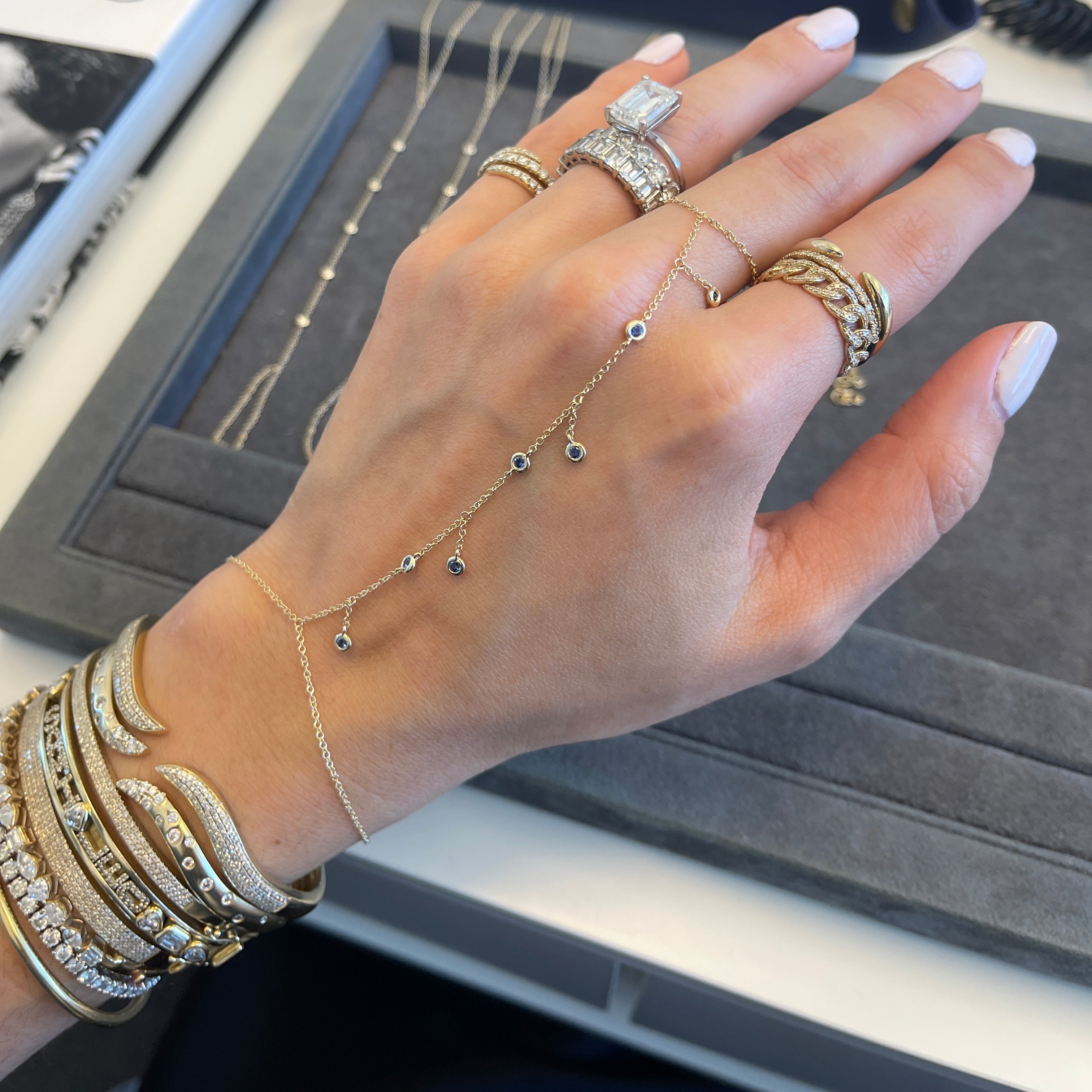 Seven-Bezel Dangling Gemstone Hand Chain Bracelet – 770 Fine Jewelry