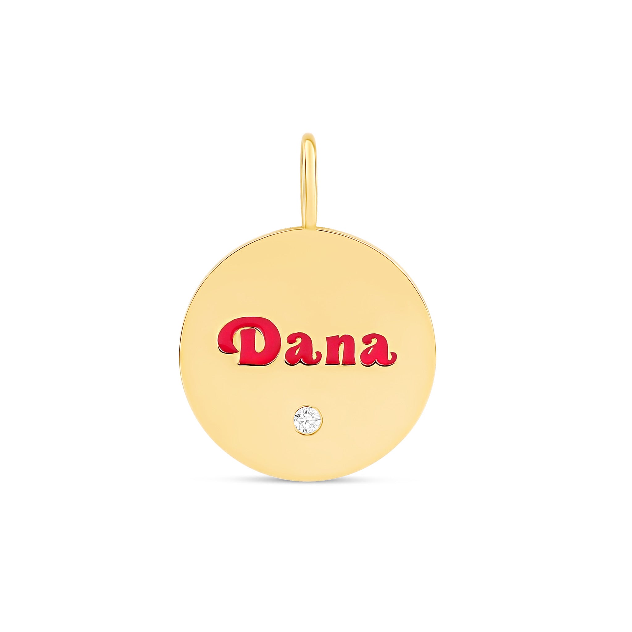 Custom Enamel Letters Gold Disc Charm with Tiny Diamond