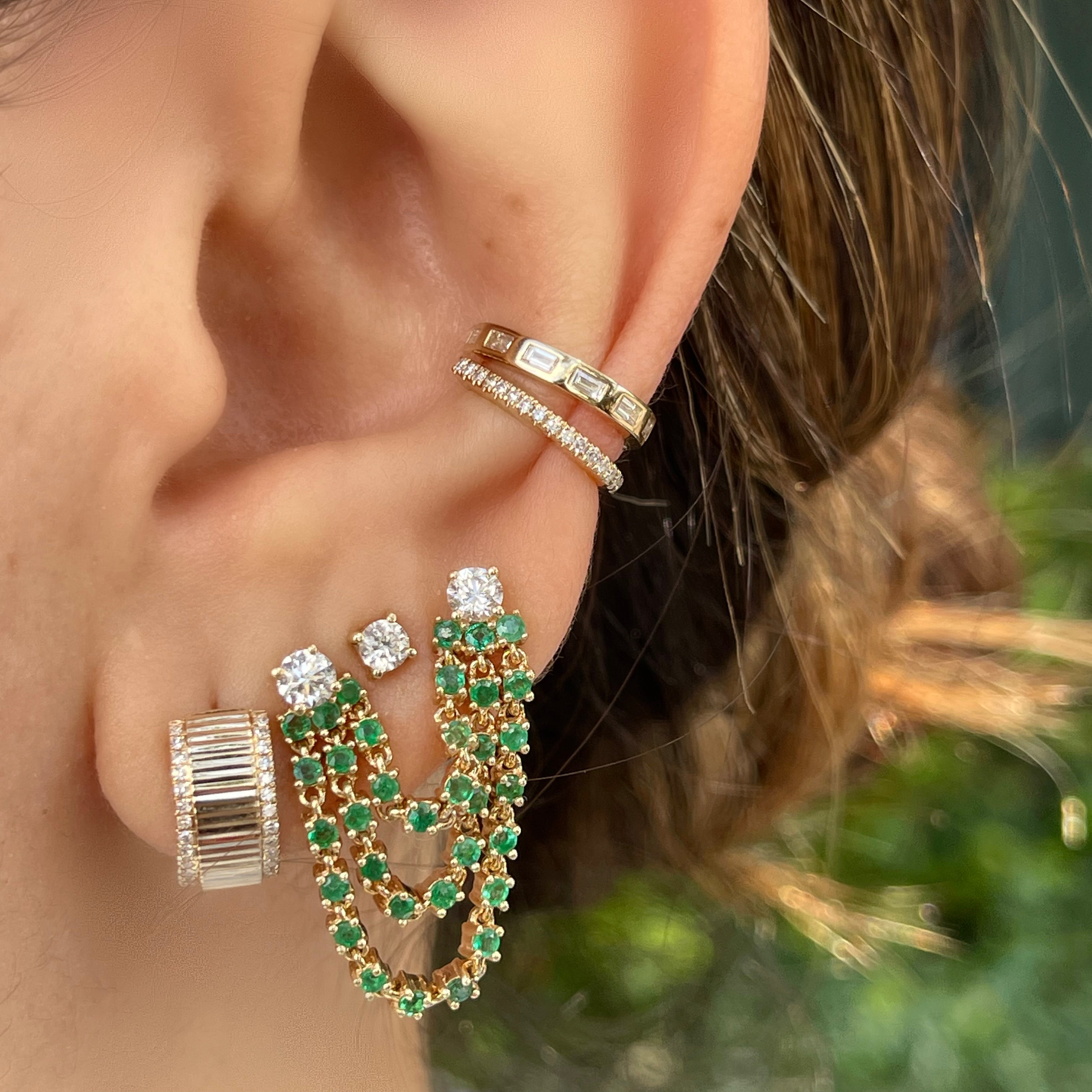 Double Drop Emerald Diamond Studs