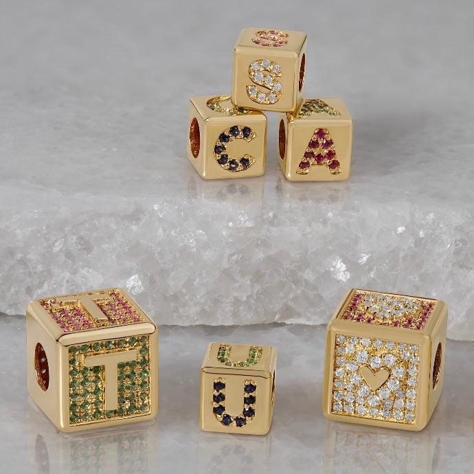 Mini Gemstone + Diamond Alphabet Block Charm