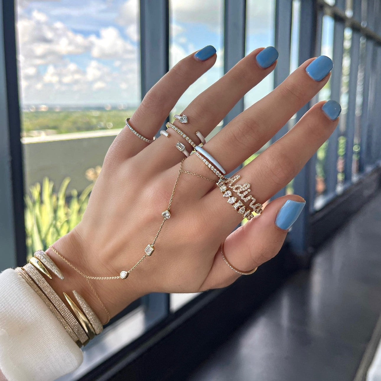 Multiple Fancy Shape Bezels Hand Chain Bracelet