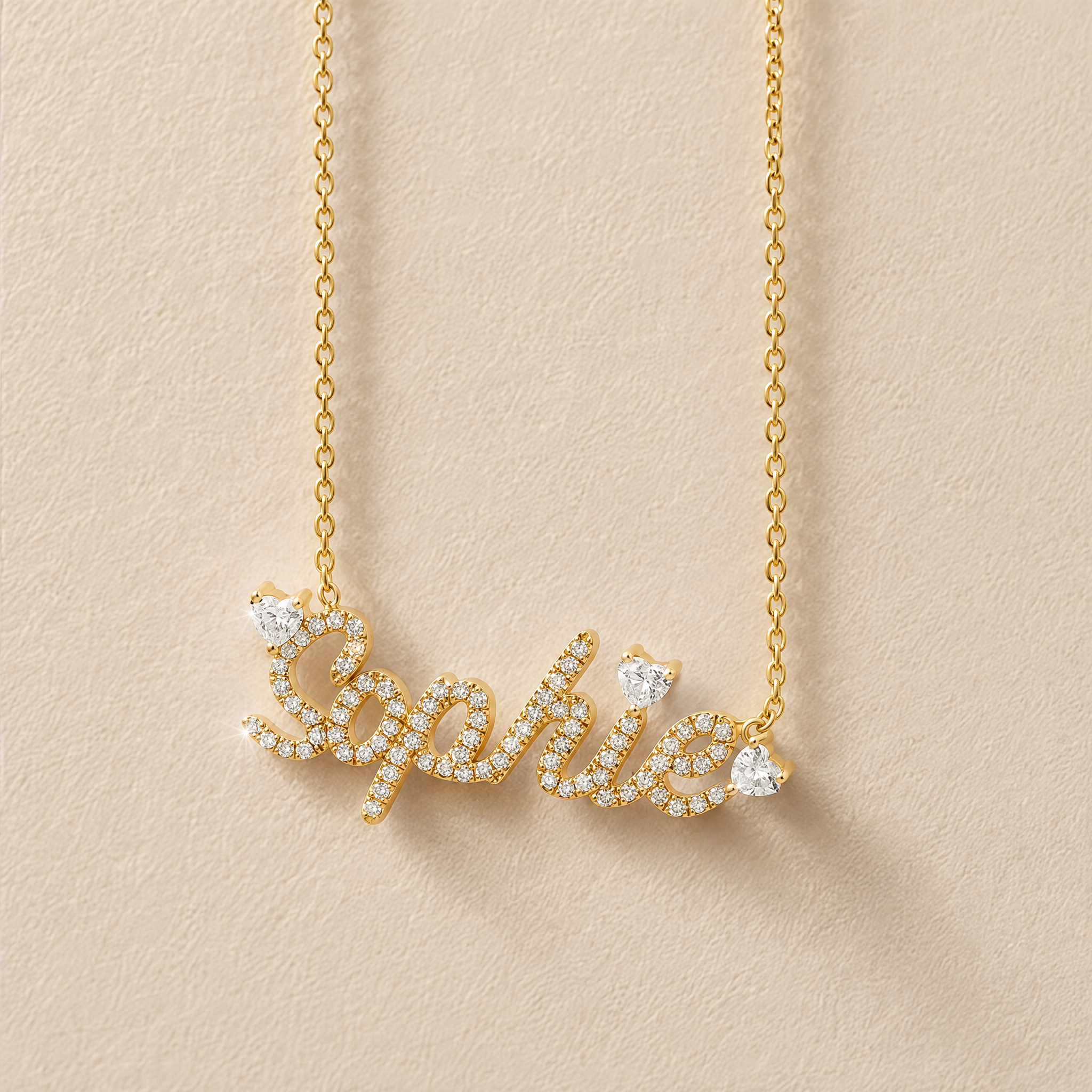 Diamond Name Necklace with Floating Hearts Diamonds