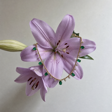 Natural Diamond and Emerald Cut Emerald Dangling Necklace