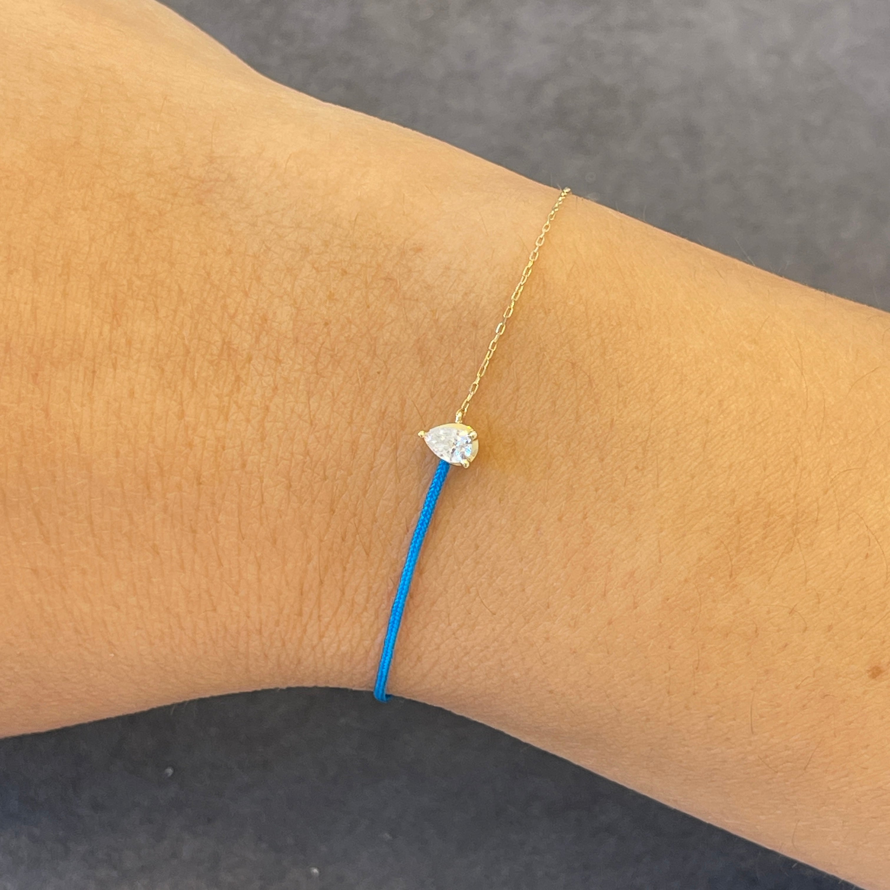 18k YG Pear Diamond Chain Sky Blue Silk Cord Bracelet