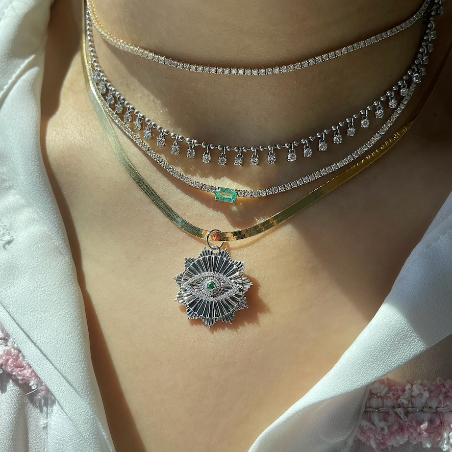 Fluted Evil Eye Charm with Emerald