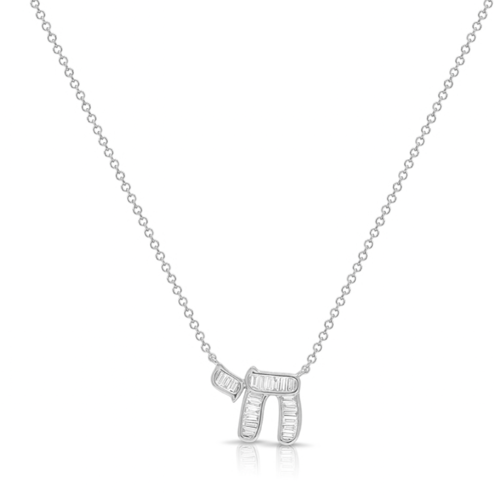 Diamond Baguette Chai Pendant Necklace 14K