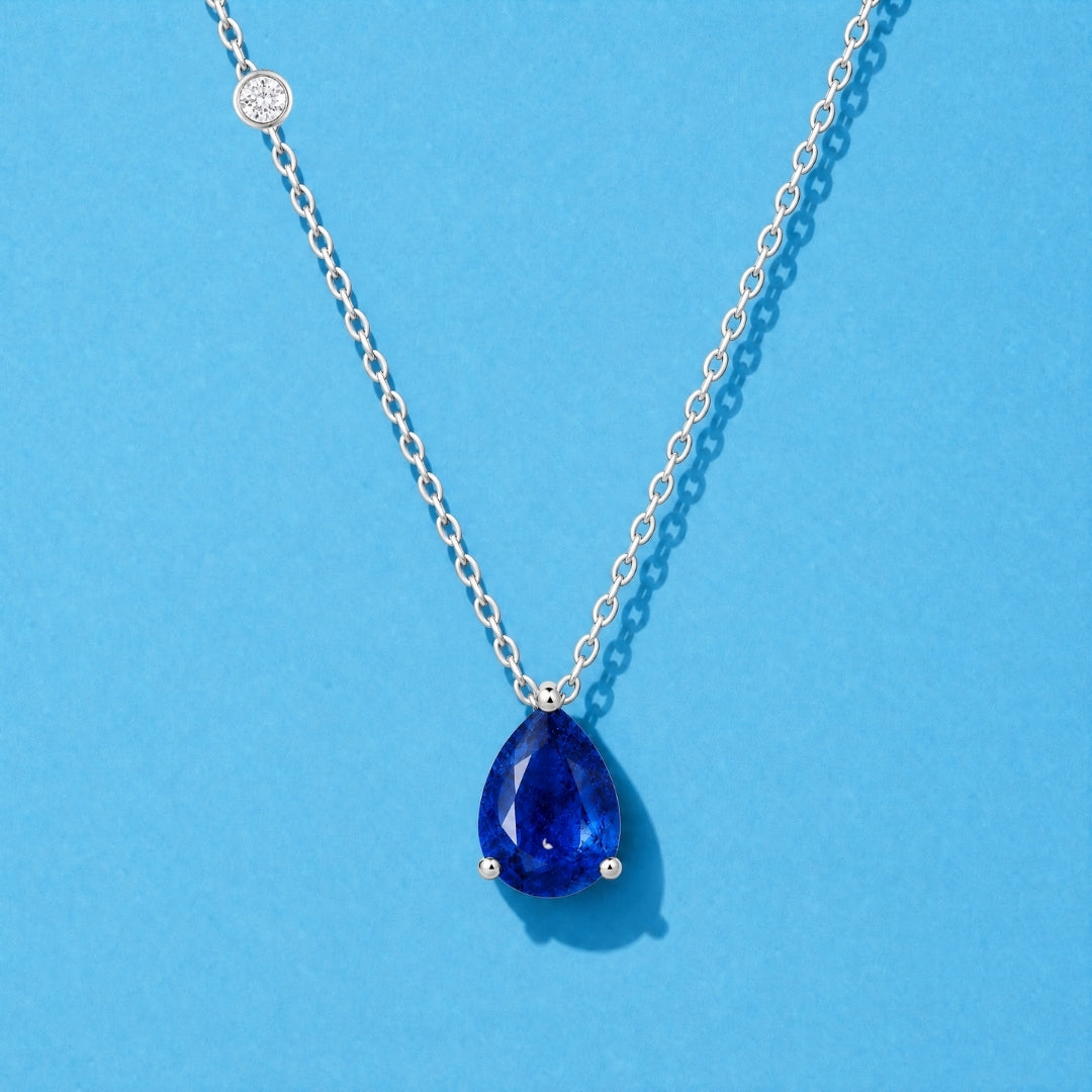 Natural Blue Sapphire Pear and Diamond Necklace