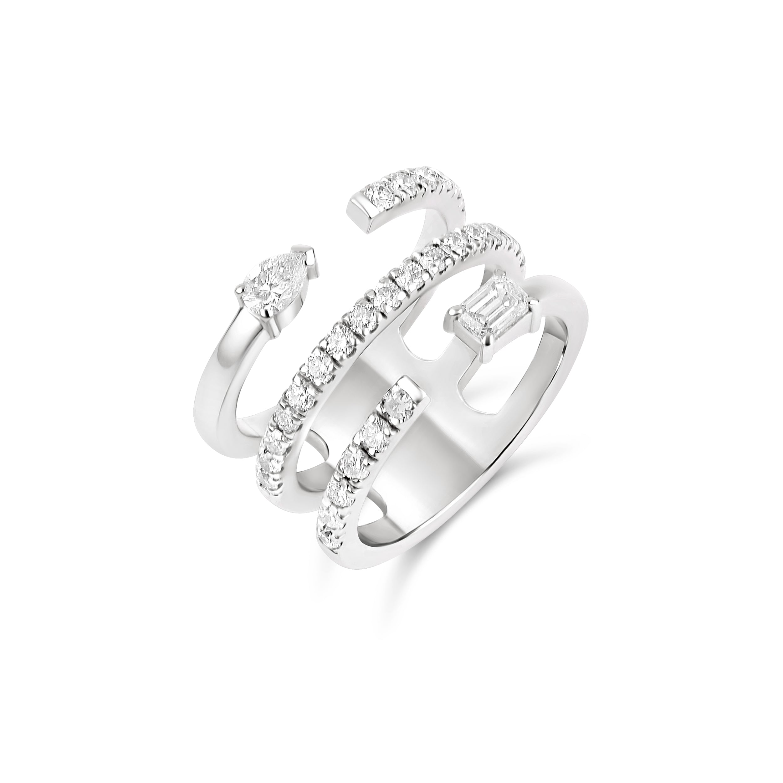 Multishape Triple Row Diamond-on-Diamond Statement Ring