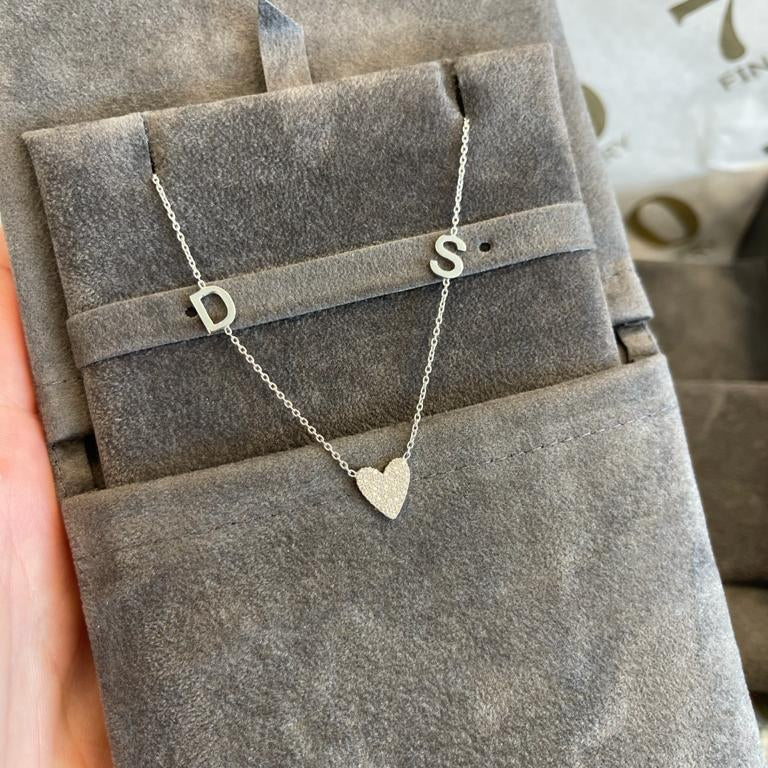 Pave Heart Couples Multiple Initials Necklace