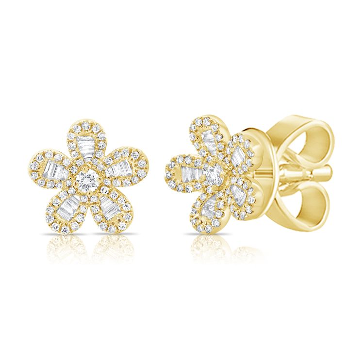 Baguette + Pave Small Diamond Flower Studs