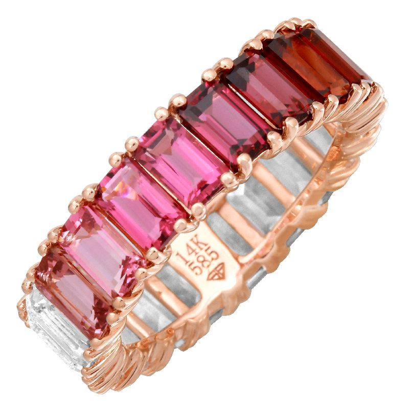 14k Gold Gemstone Red Ombre Emerald Cut Eternity Ring