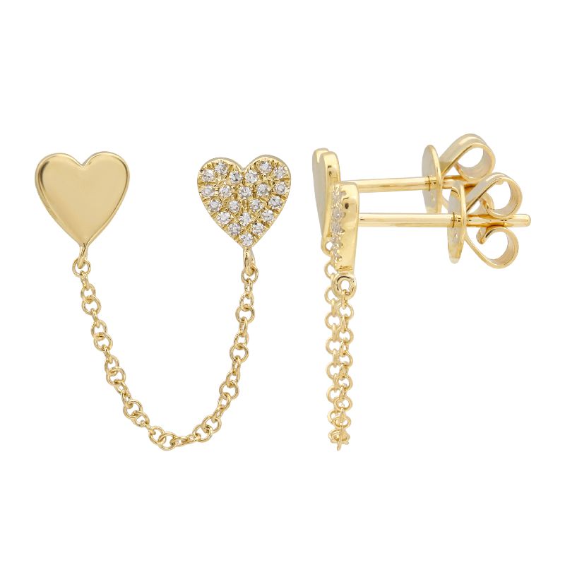 Double Heart Solid and Diamond Chain Earring (Single)