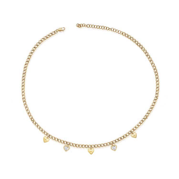 Cuban Helium Dangling Hearts and Diamond Necklace