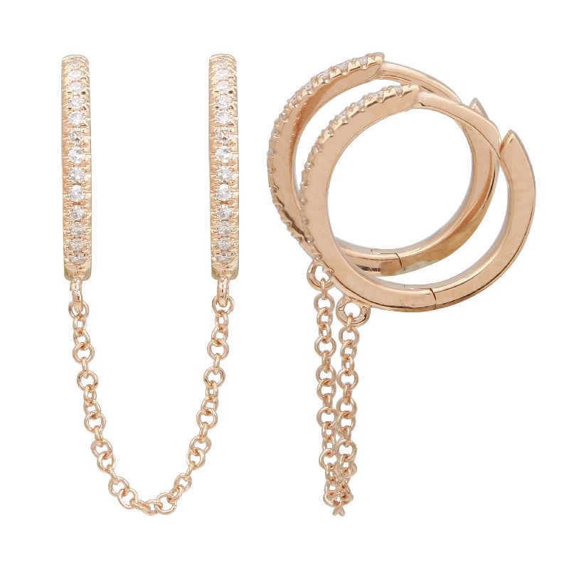 14K Gold Double Pierced Chain Huggies Earrings | Everyday Jewelry