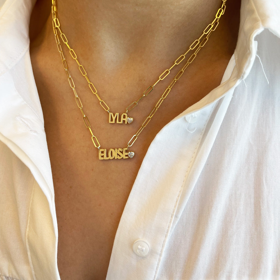 Solid Name + Fancy Shape Paperclip Necklace