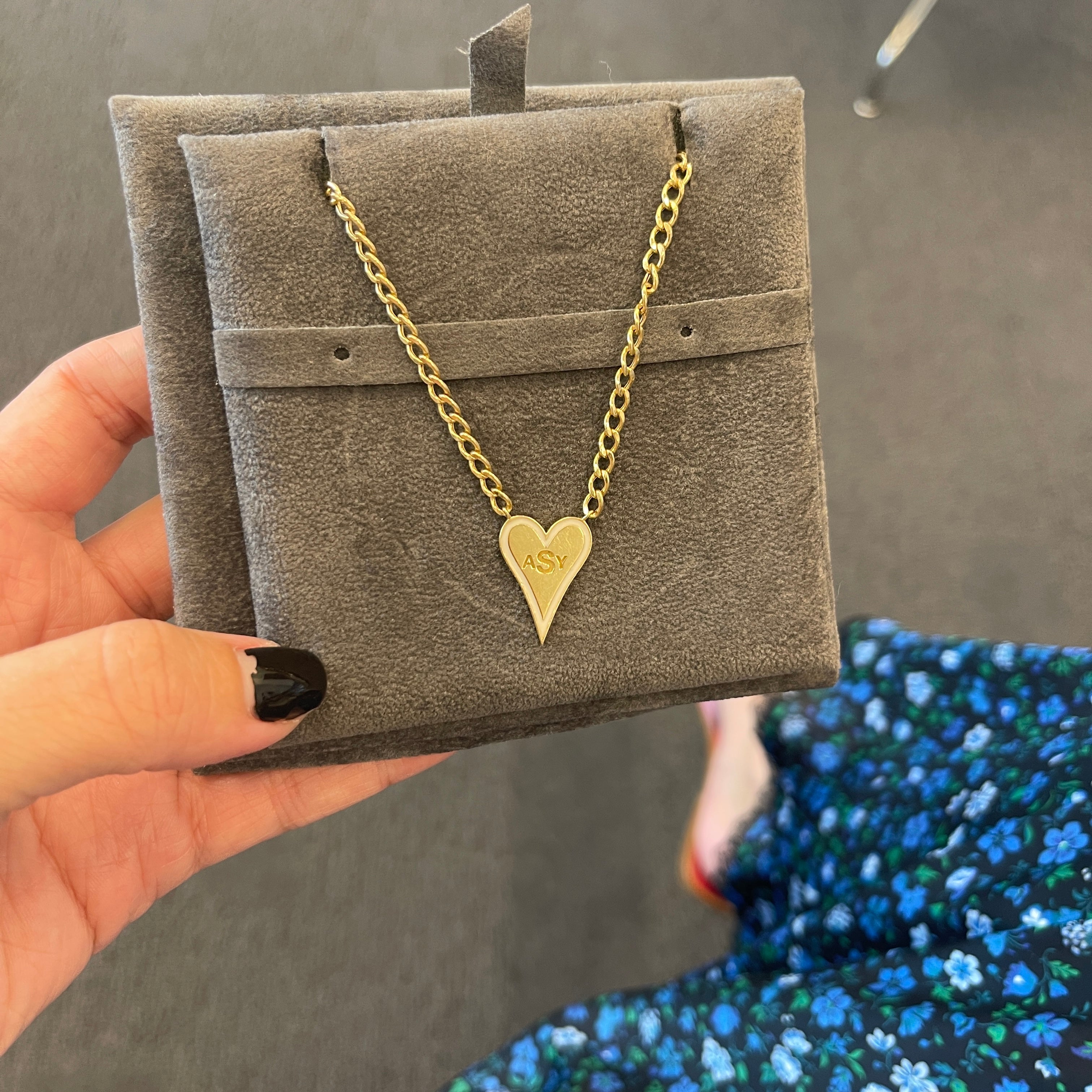 Enamel Outline Elongated Heart + Initials Cuban Link Necklace