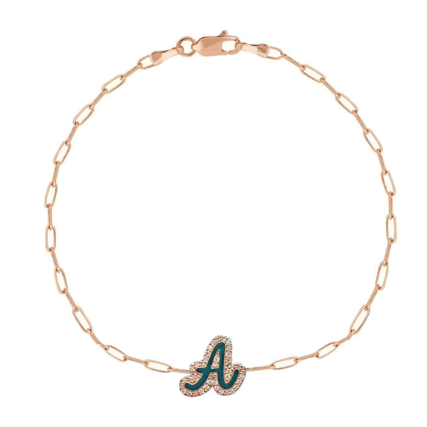 Enamel and Diamond Bubbly Initial on Thin Paper Clip Bracelet