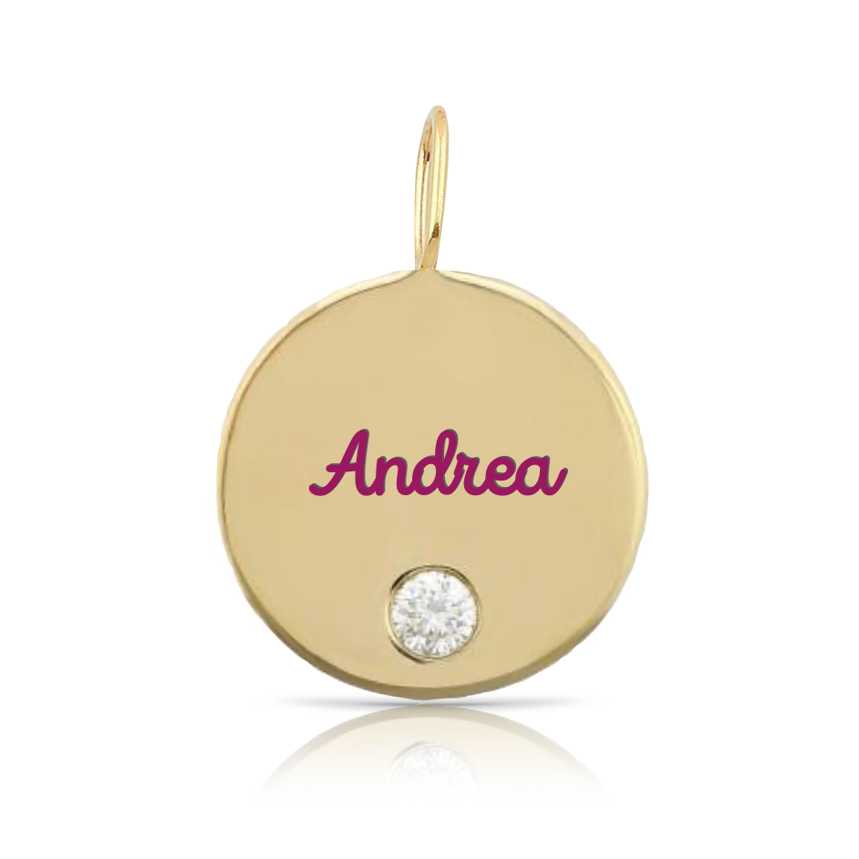 Custom Enamel Letters Gold Disc Charm with Tiny Diamond