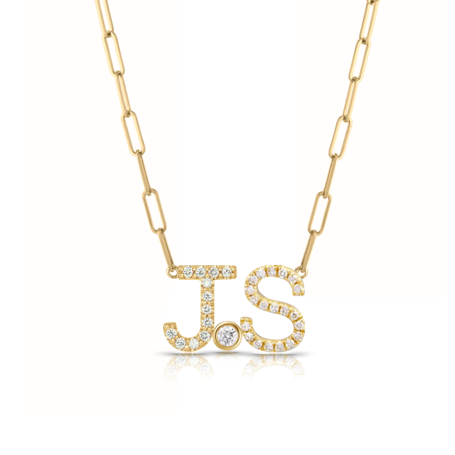 Custom Diamond Initials and Bezels Paper Clip Necklace