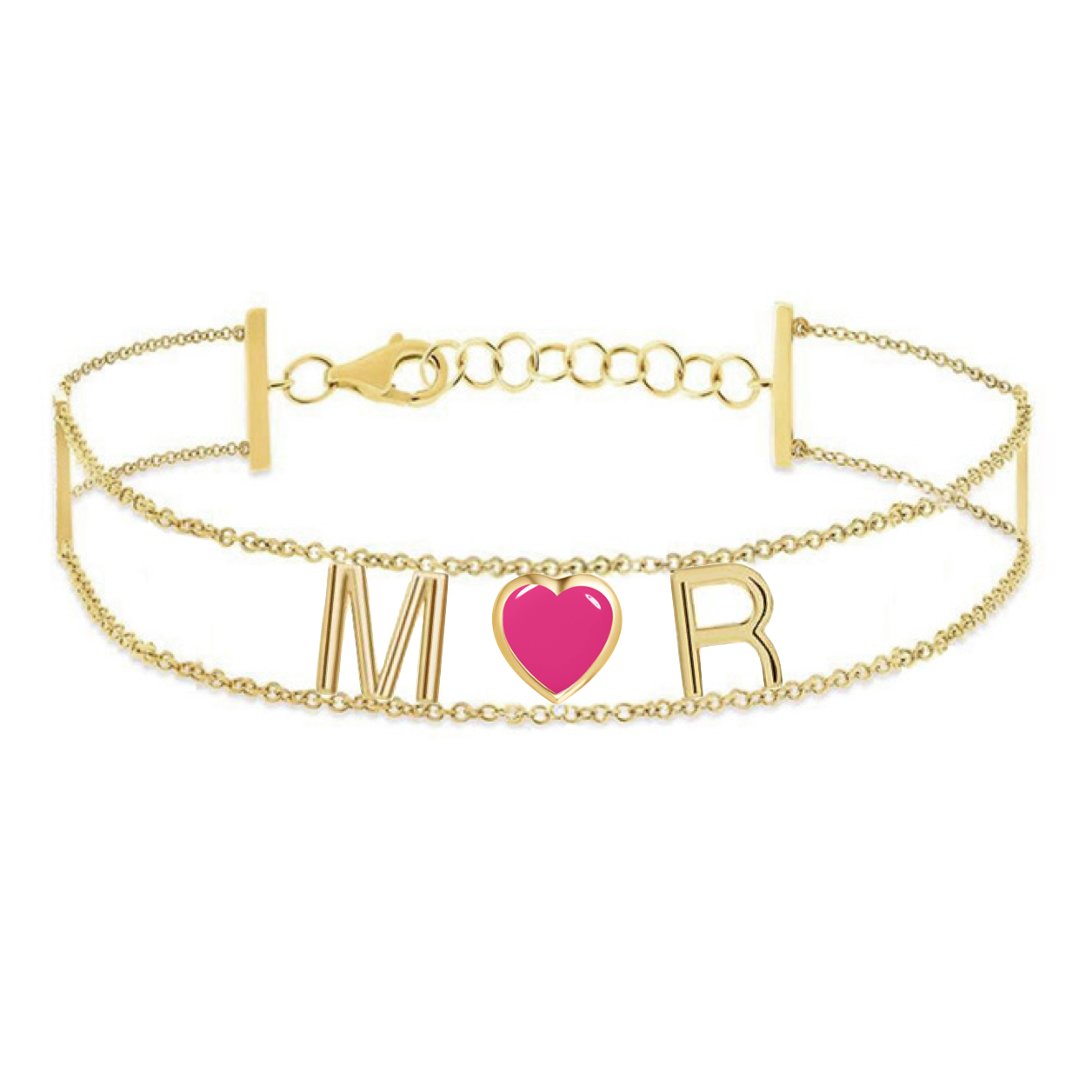 Custom Initials And Enamel Middle Heart Double Chain Bracelet
