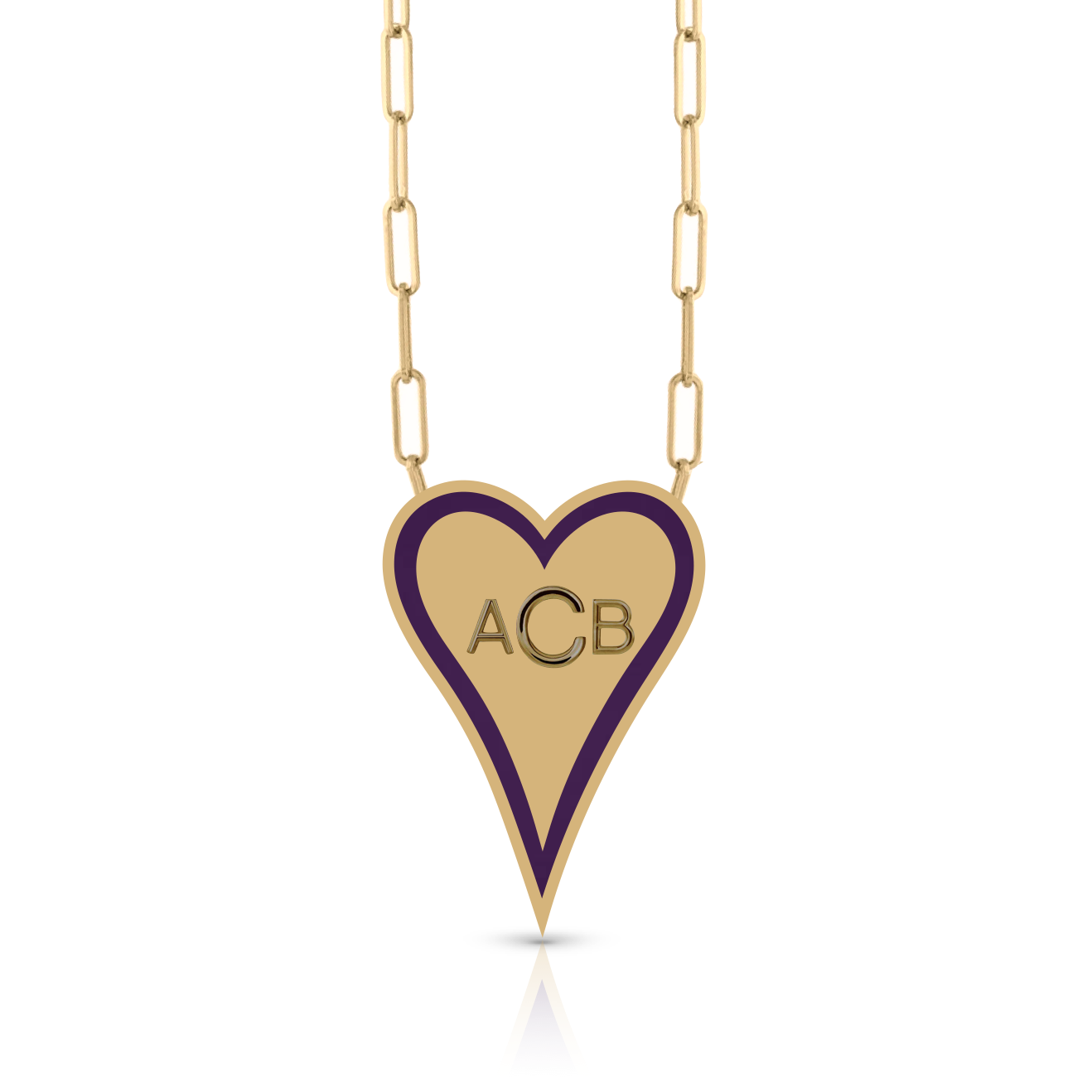 Enamel Outline Elongated Heart + Initials PaperClip Necklace