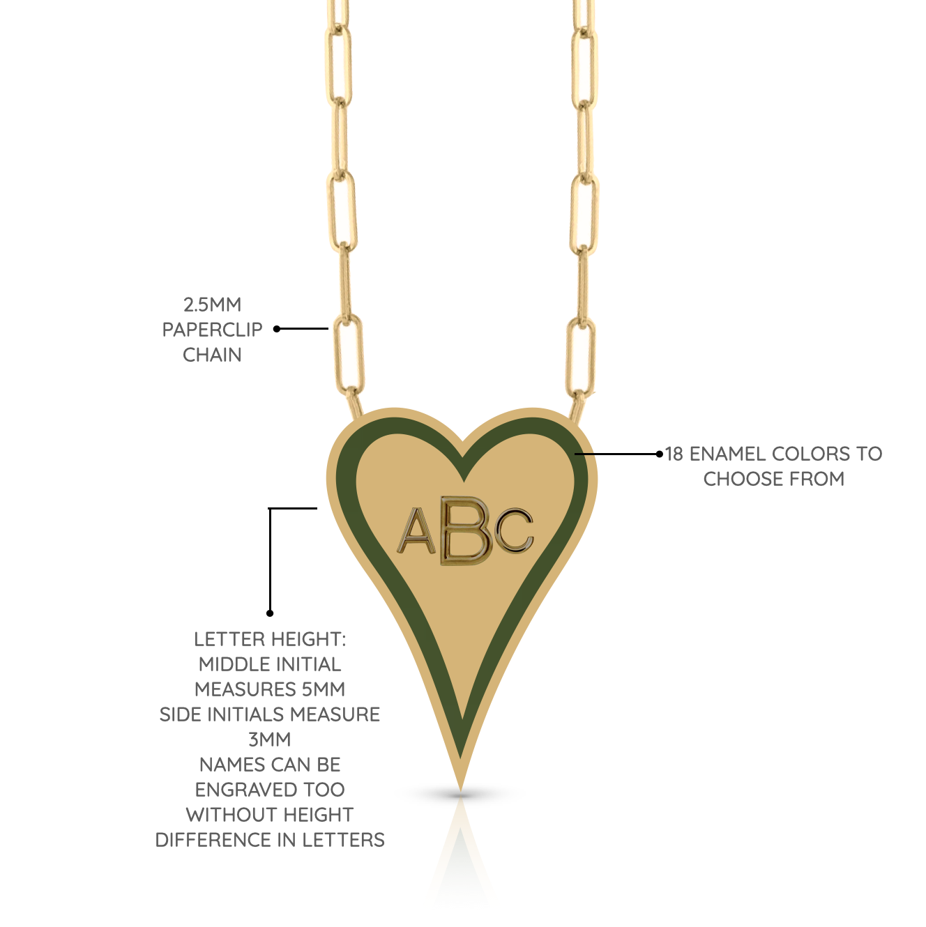 Enamel Outline Elongated Heart + Initials PaperClip Necklace