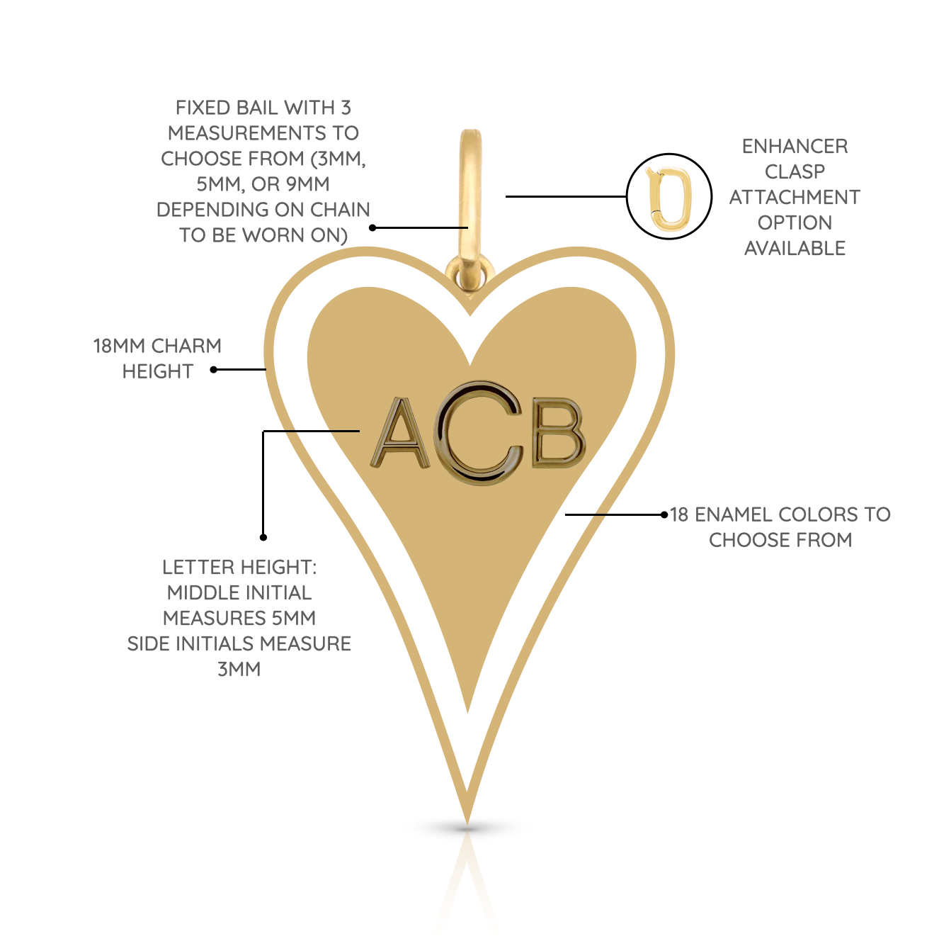 Enamel Outline Elongated Heart + Initials Charm