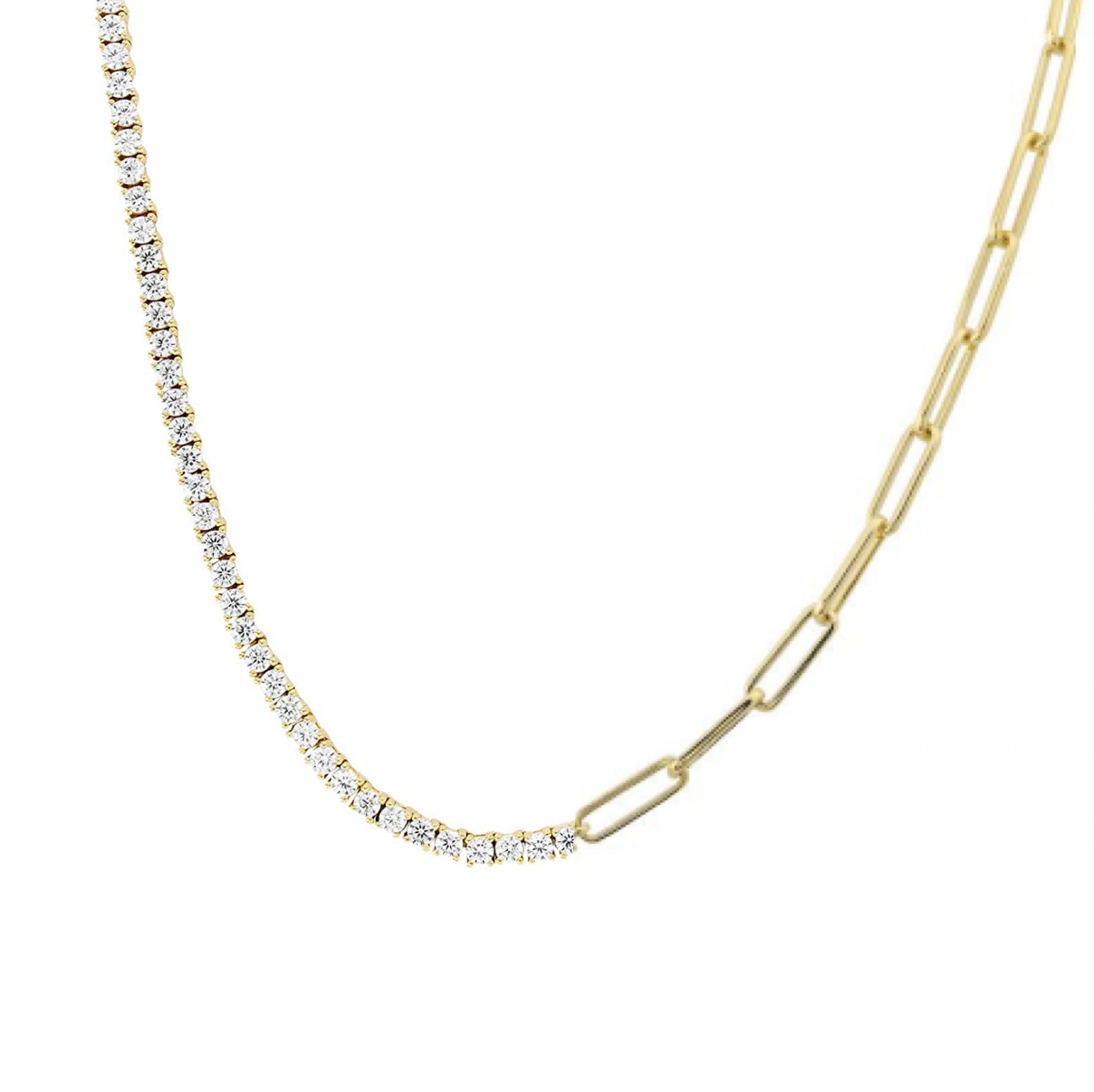 Half Diamond Tennis Half PaperClip Necklace