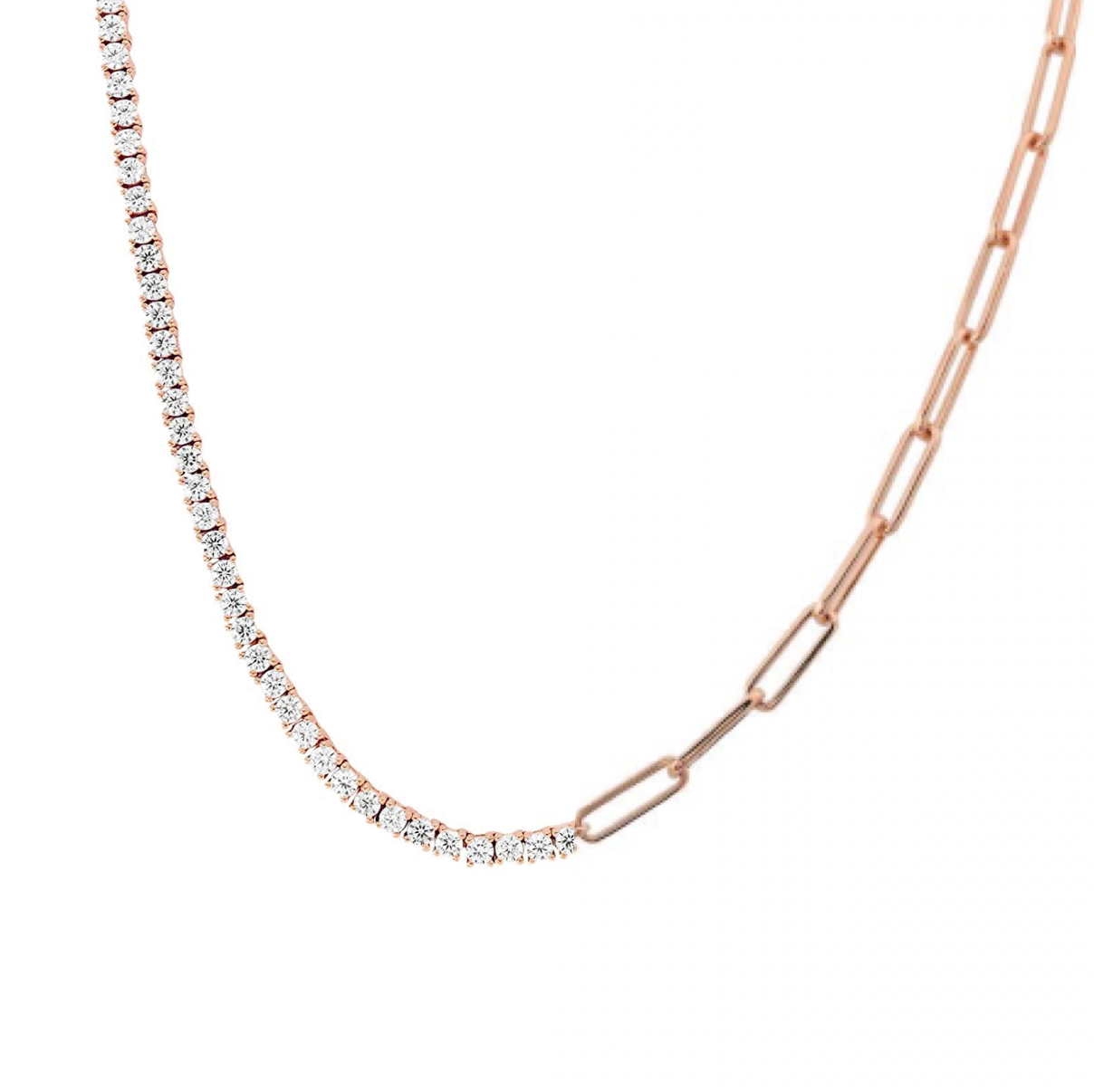 Half Diamond Tennis Half PaperClip Necklace