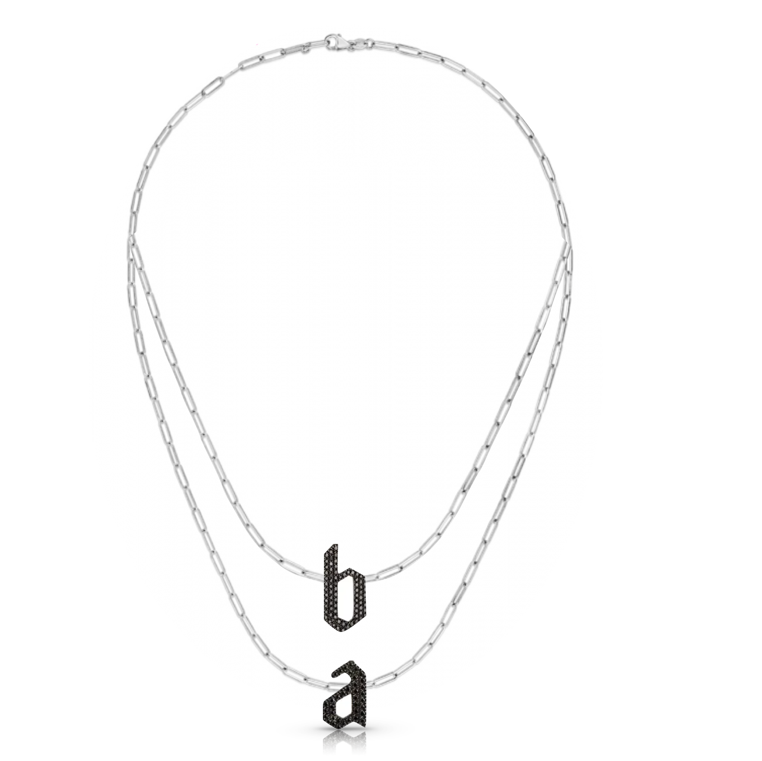 Layered Black Diamond Gothic Initials Paperclip Necklace