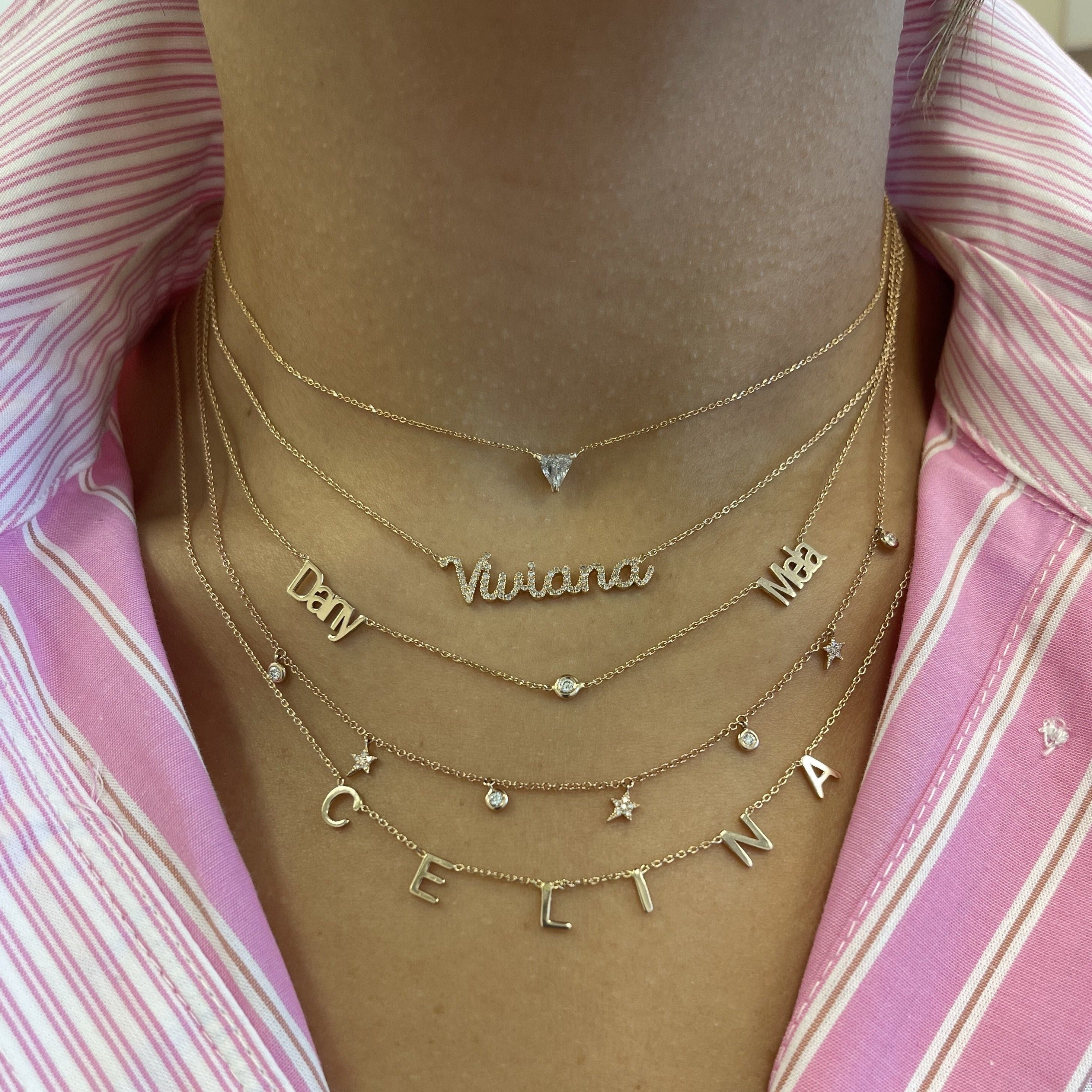 Custom Multiple Names Necklace with Diamond Bezel in Between