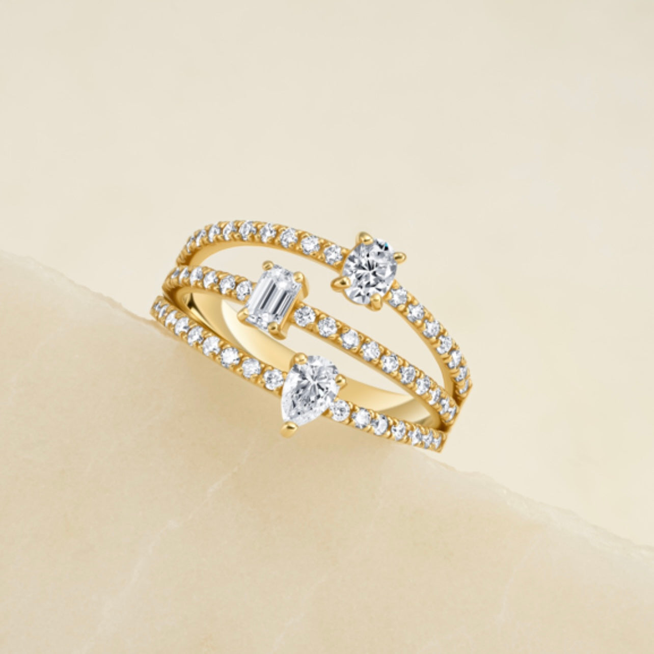 Multishape 3-Row Diamond Statement Pave Ring