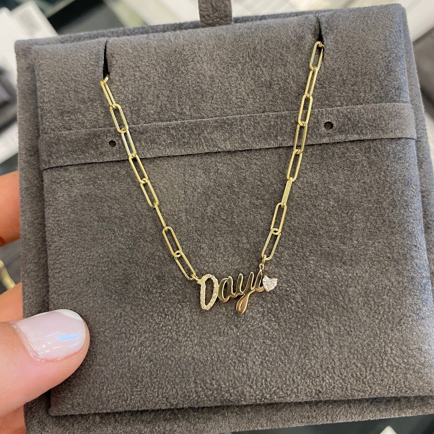 Diamond Accent + Floating Heart Name PaperClip Necklace
