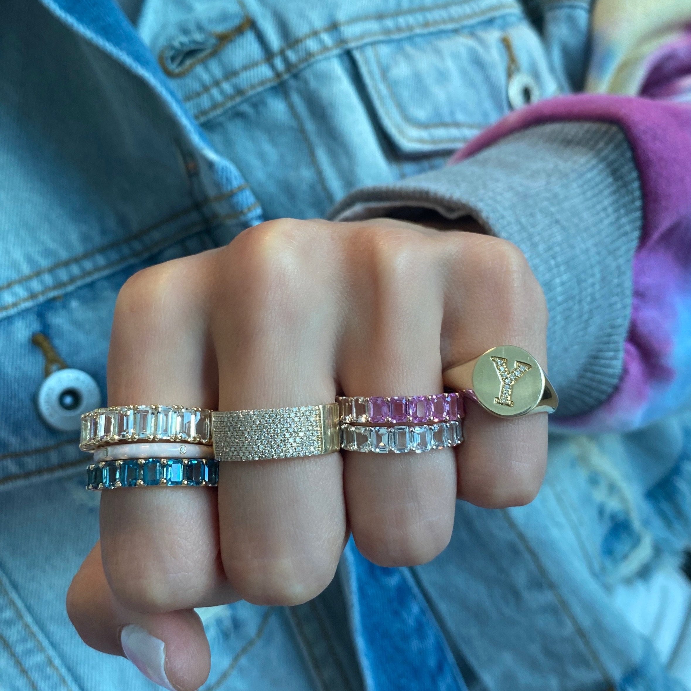 14k Gold Petite Emerald Cut London Blue Topaz Eternity Ring