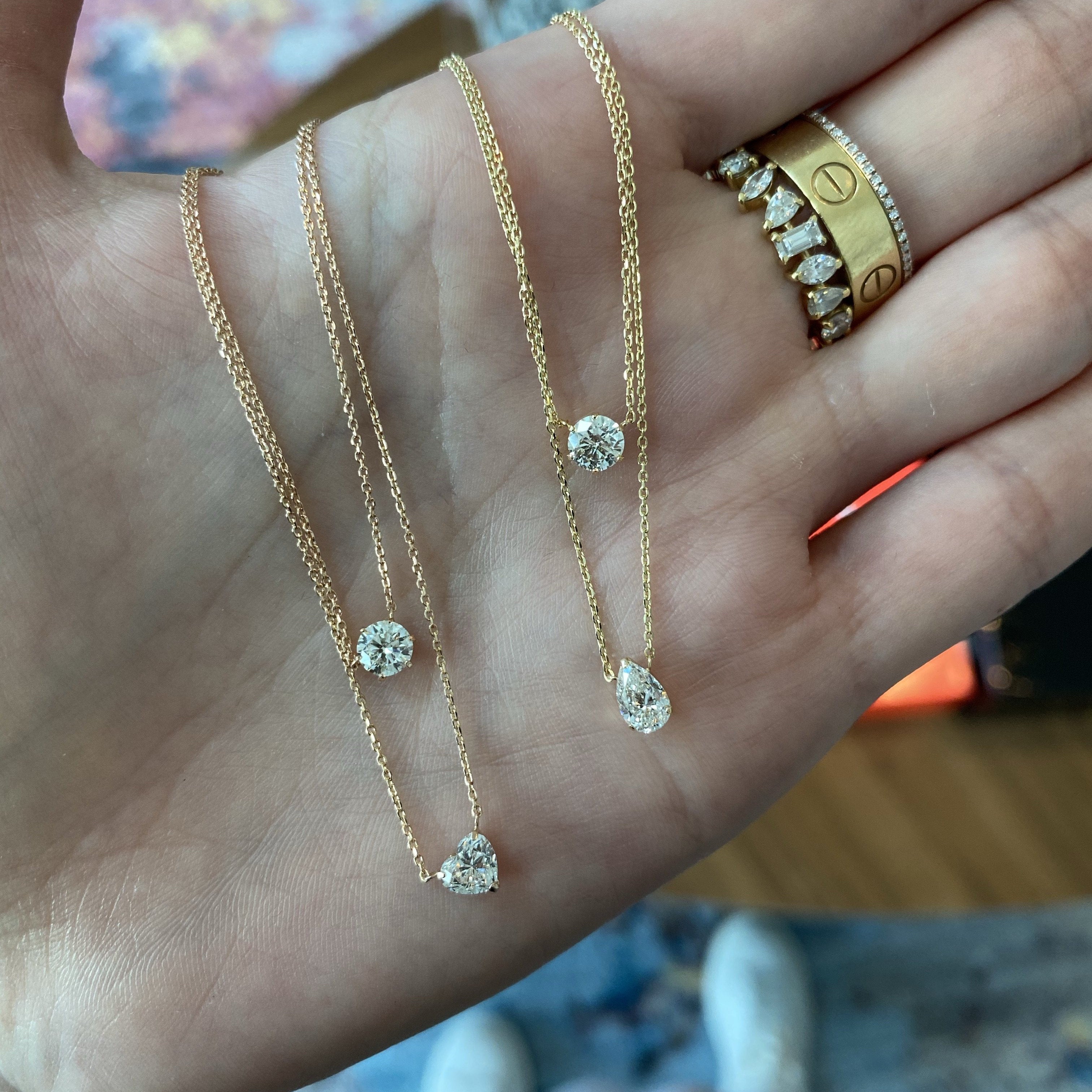 Double Row Multishape Solitaires (+ Heart) Diamond Layered Necklace