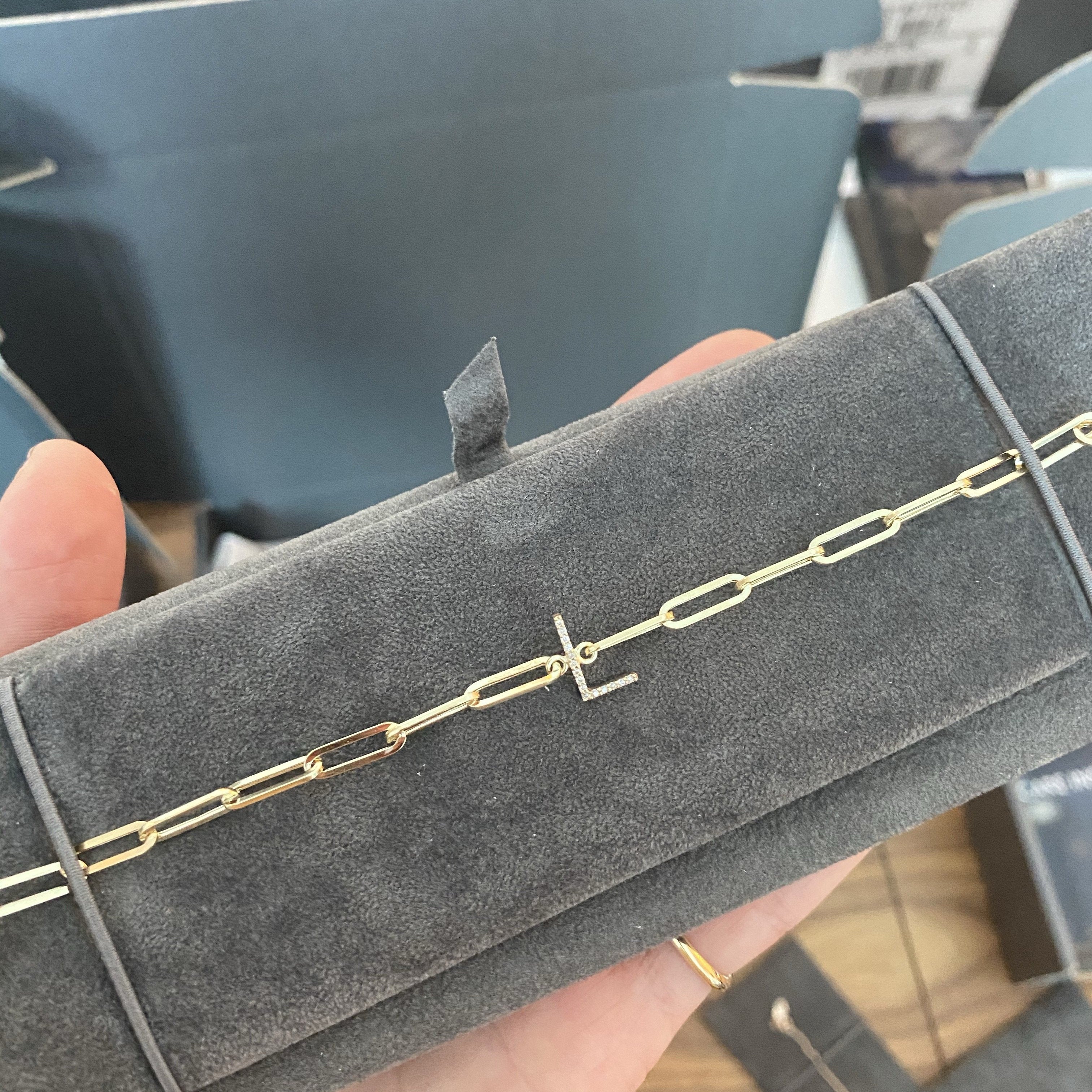 Thin Large Block Diamond Initial on Paperclip Bracelet – 770FJ