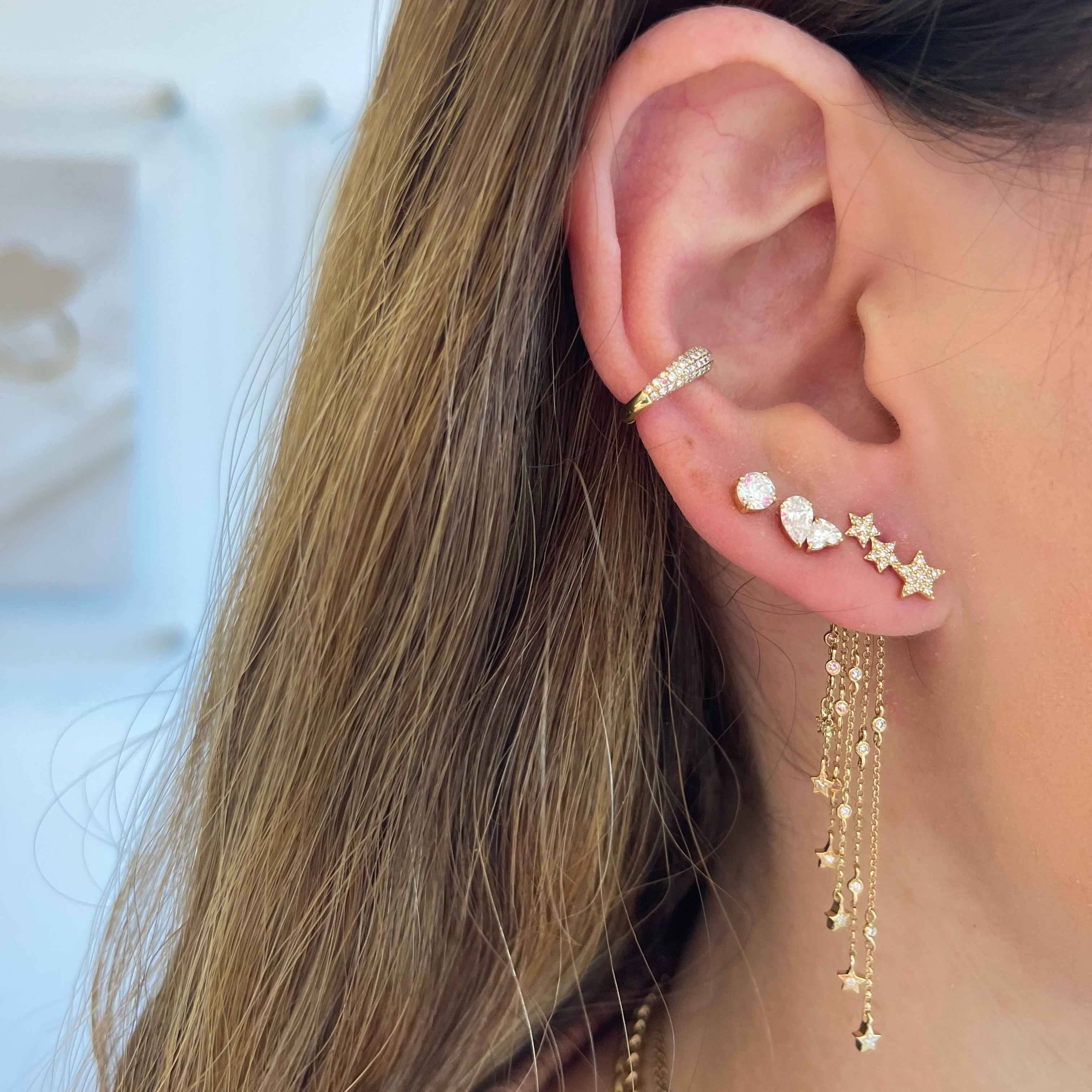 Trio Pave Star Studs with Removable Tassel Charm Earring Back