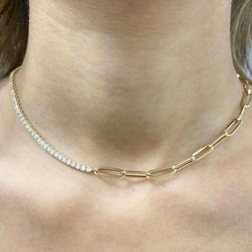 Half Tennis Half Paperclip Necklace, Diamond Necklace, Paperclip Necklace,  Tennis Gold Link Chain, CZ Necklace, CZ Tennis Necklace, Gift - Etsy
