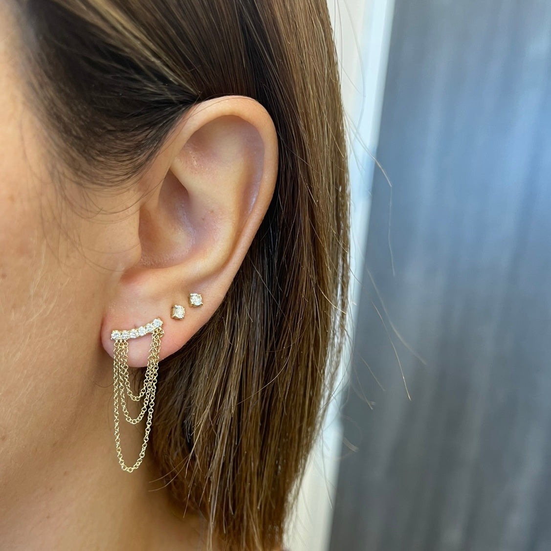 Diamond Bar Triple Chain Stud Earrings