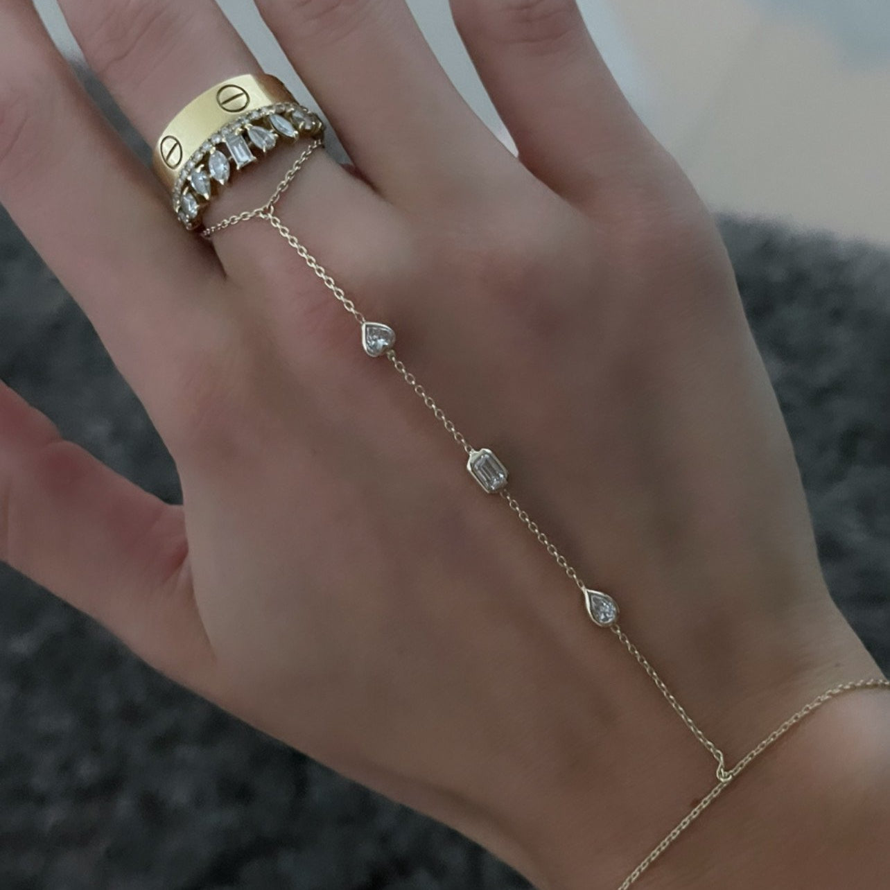 Multiple Fancy Shape Bezels Hand Chain Bracelet