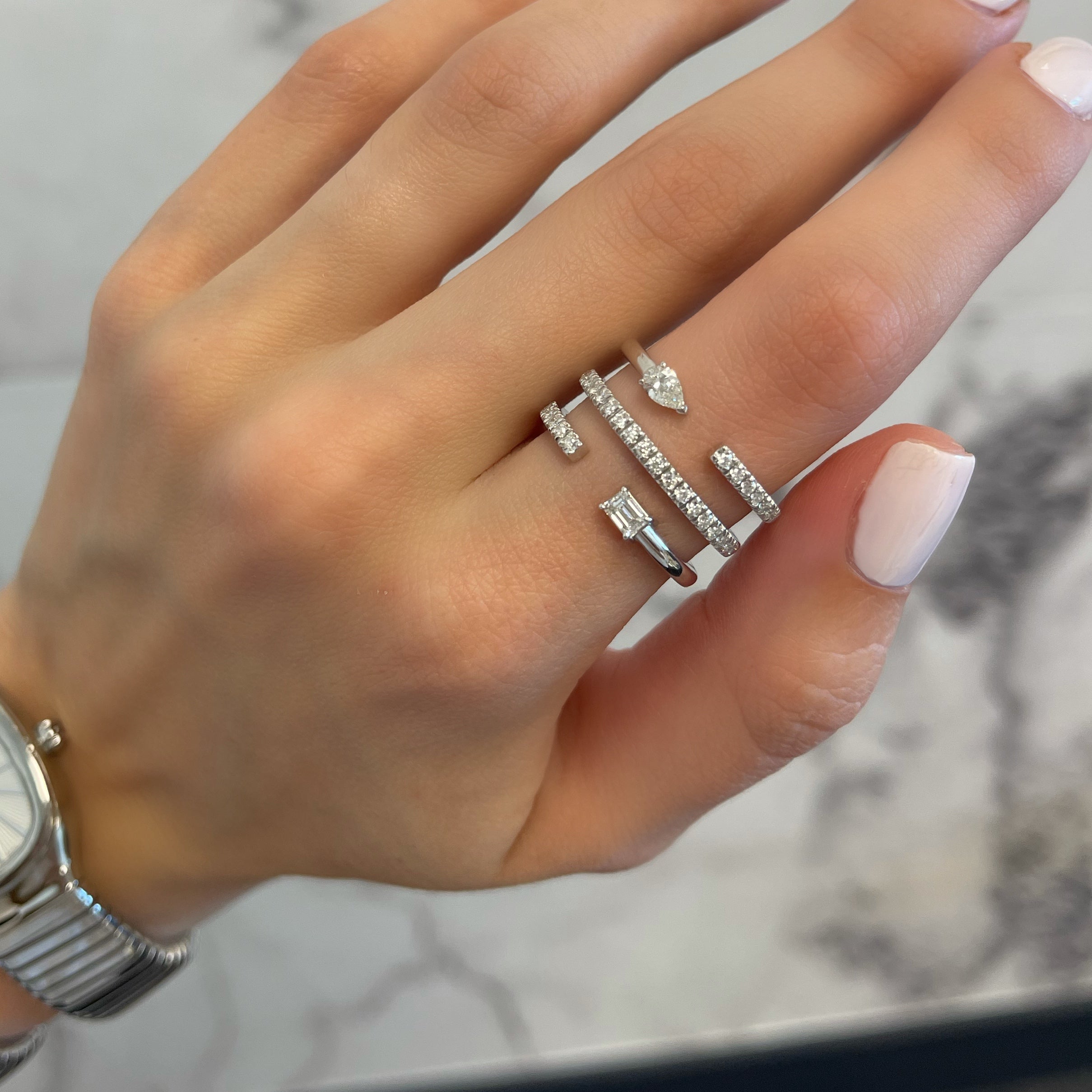 Multishape Triple Row Diamond-on-Diamond Statement Ring